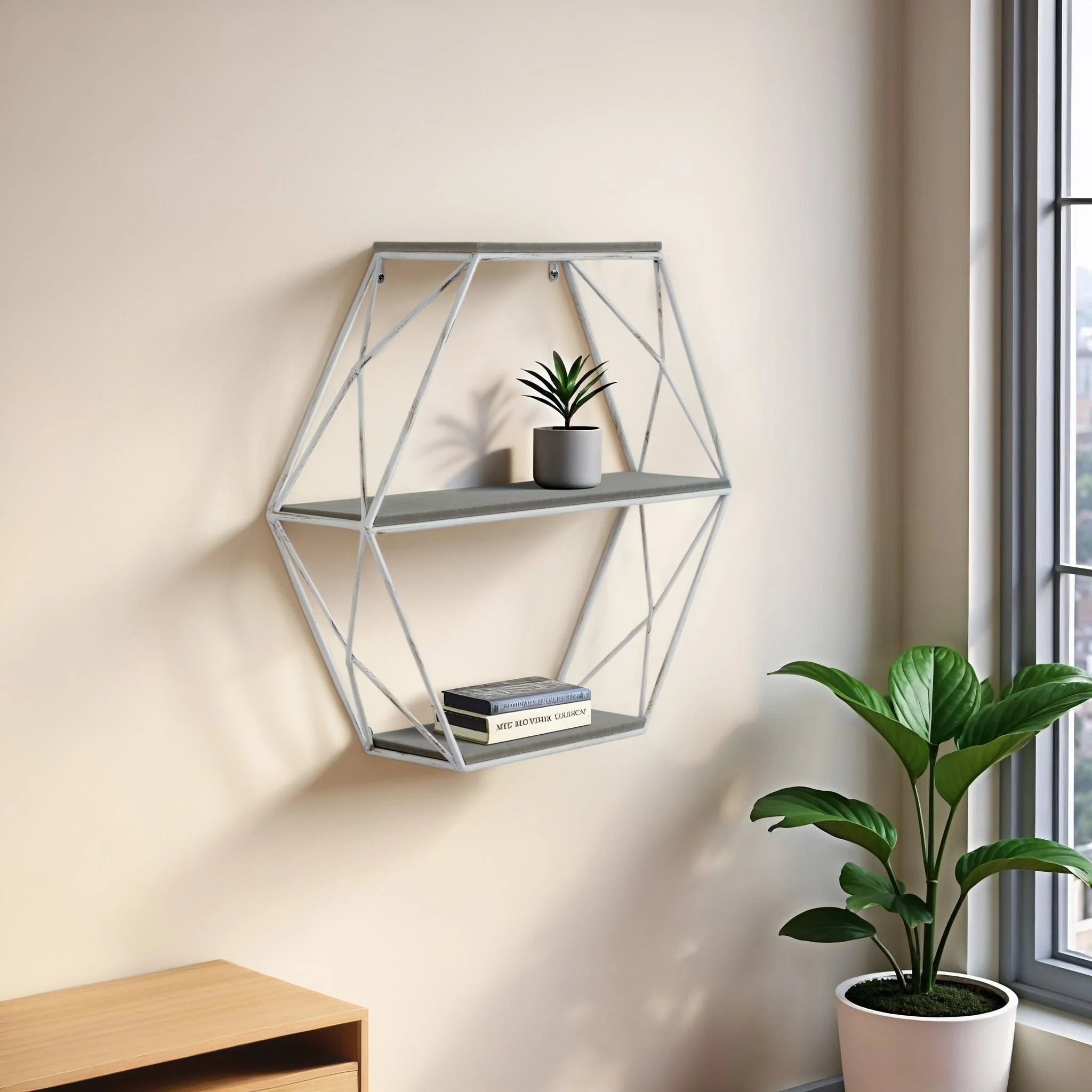 Metal/wood 3 Tier Hexagon Wall Shelf, Gray/white - Image 9