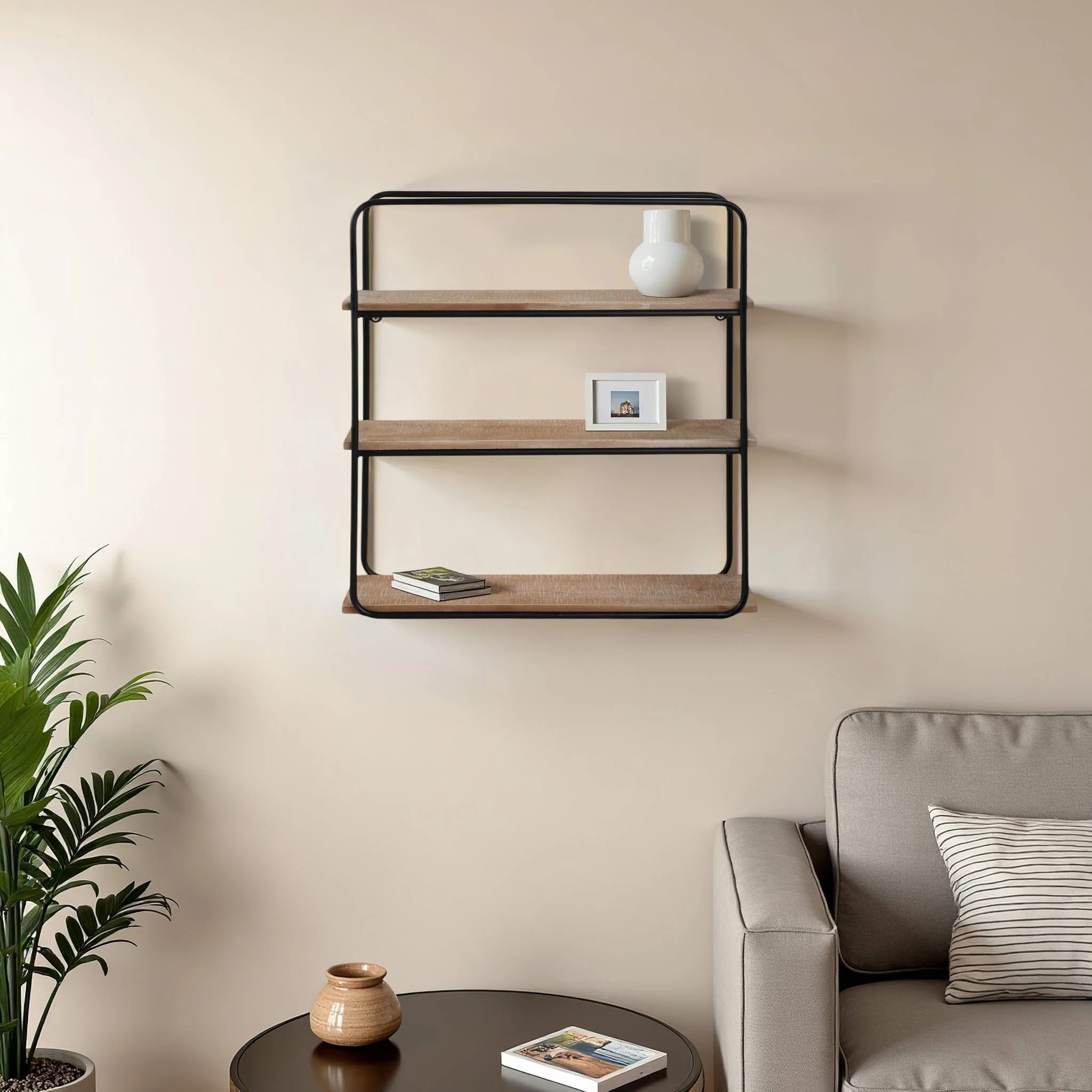 Metal/wood 3 Tier Wall Shelf, Brown/black - Image 10