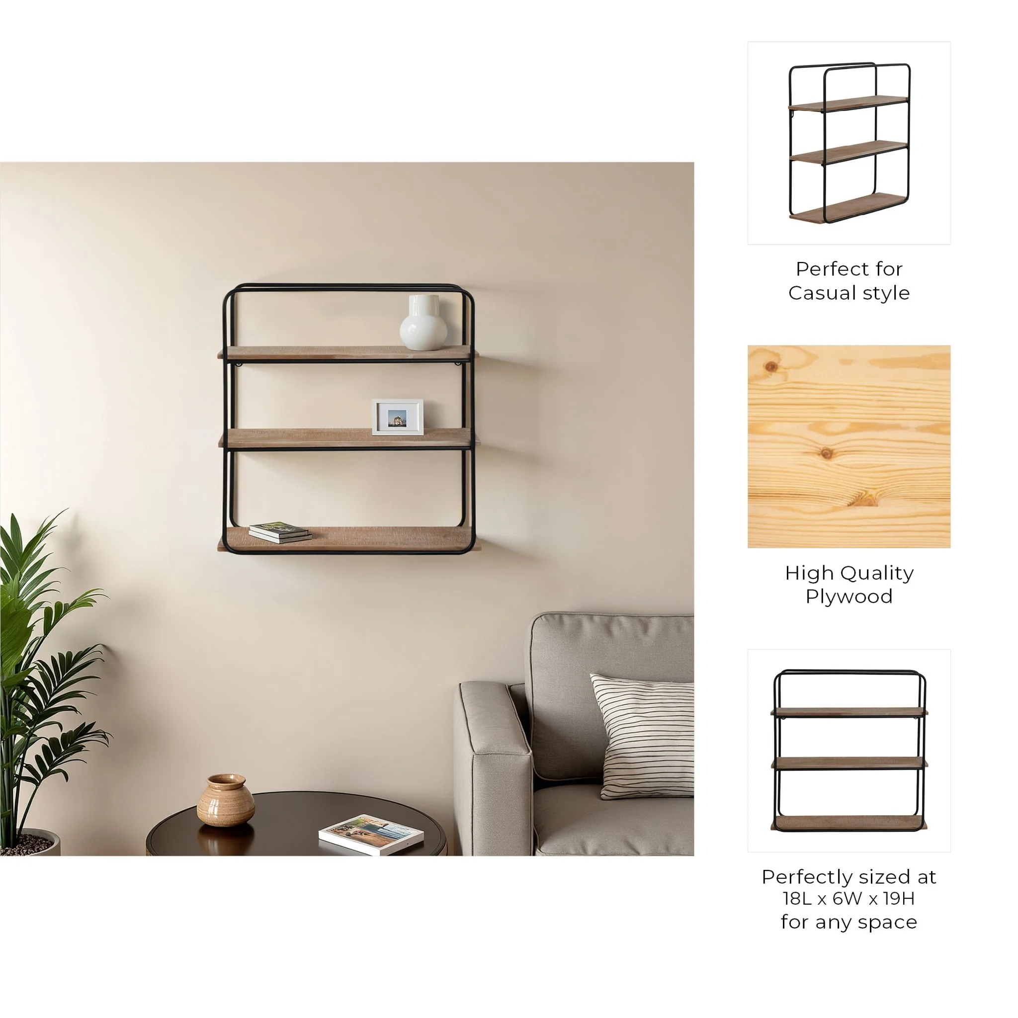 Metal/wood 3 Tier Wall Shelf, Brown/black - Image 8