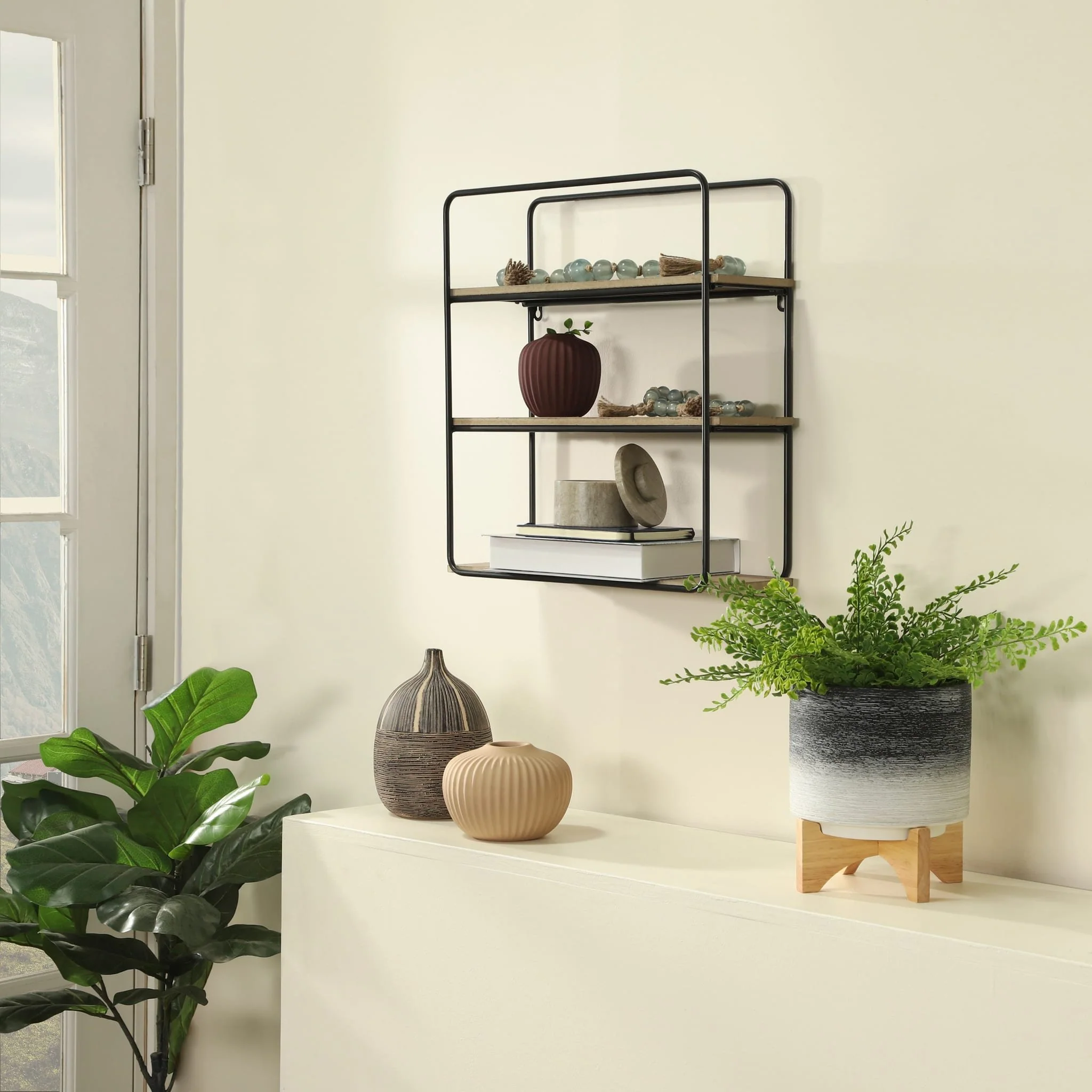 Metal/wood 3 Tier Wall Shelf, Brown/black - Image 9