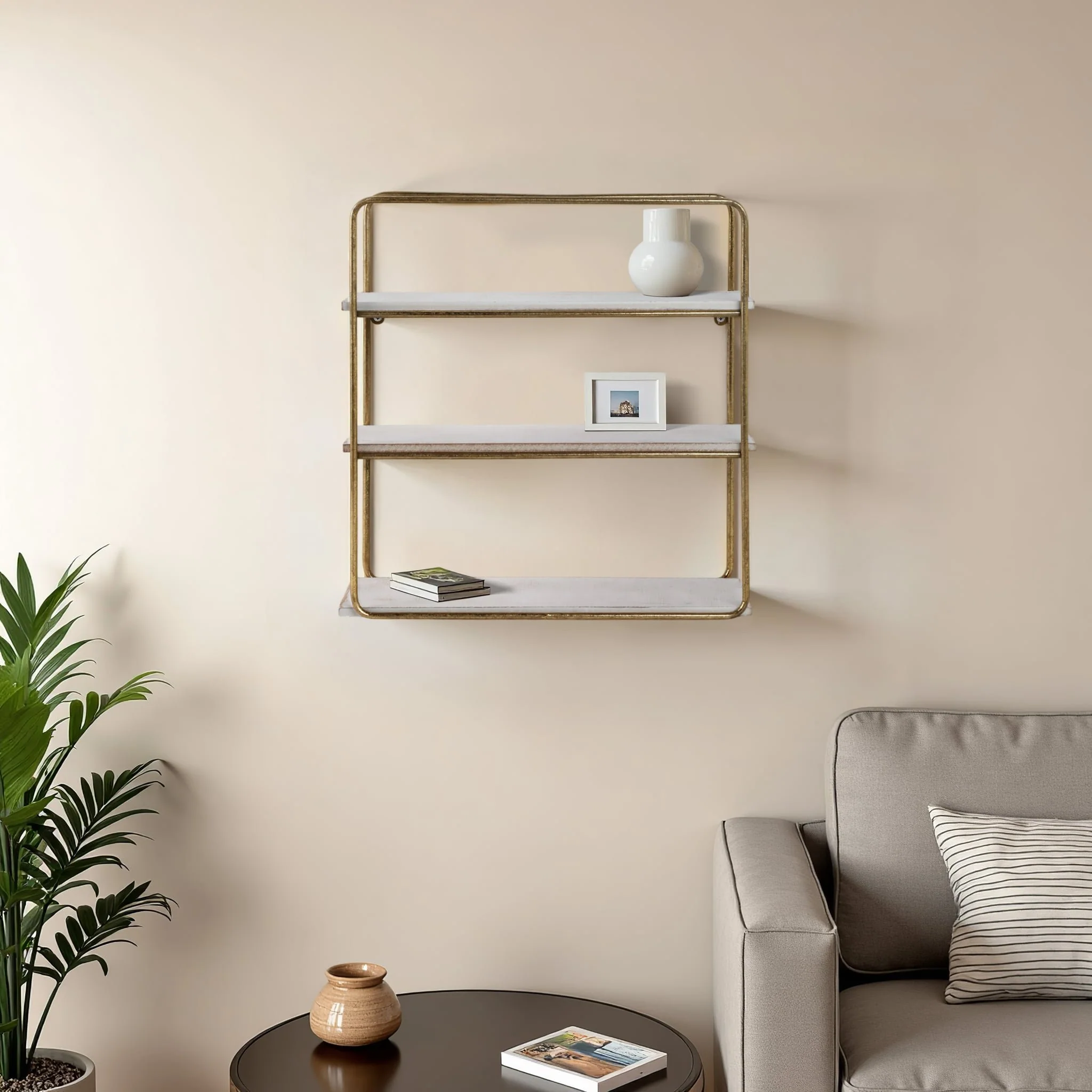 Metal / Wood 3 Tier Wall Shelf, Gold - Image 10