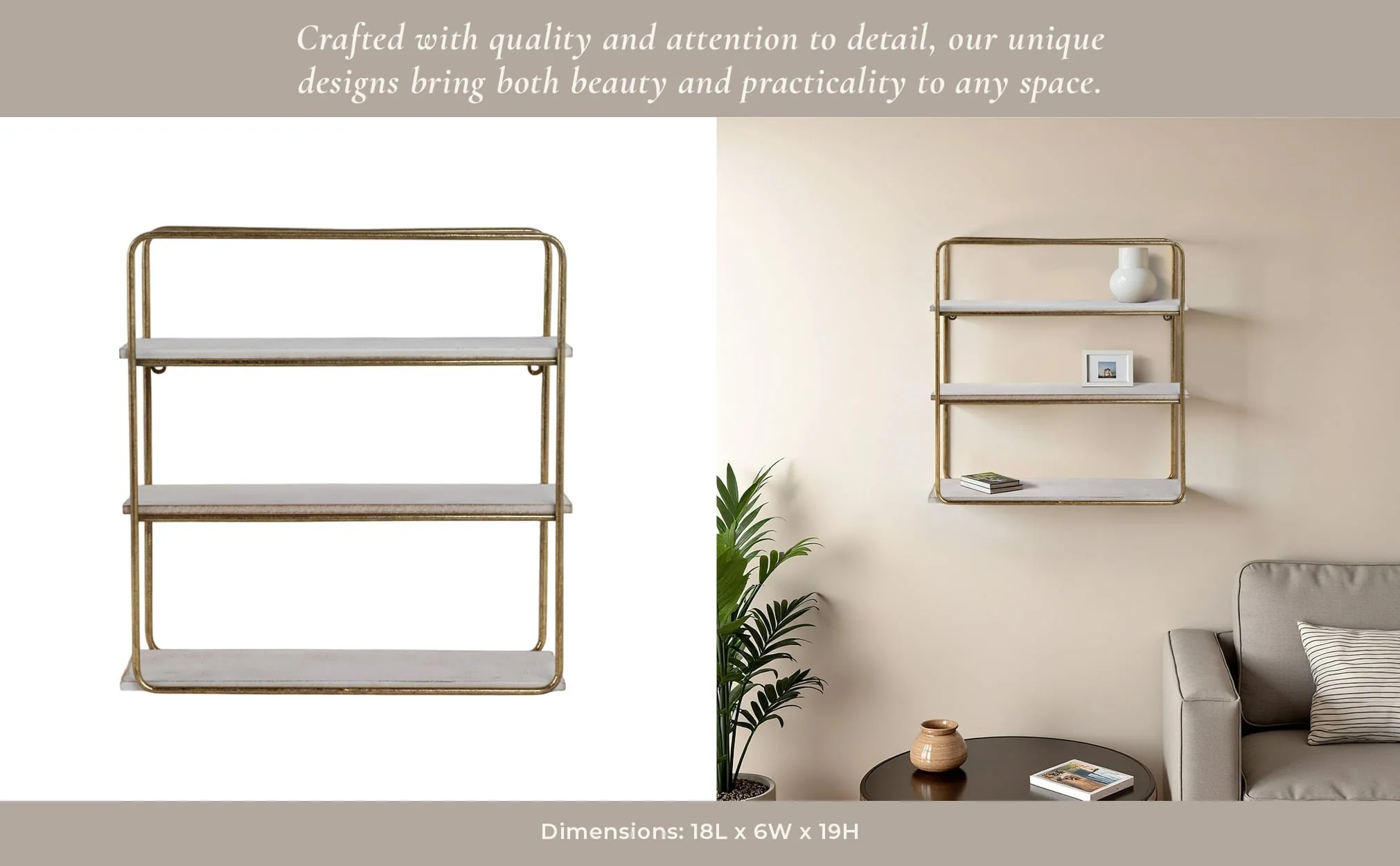 Metal / Wood 3 Tier Wall Shelf, Gold - Image 11