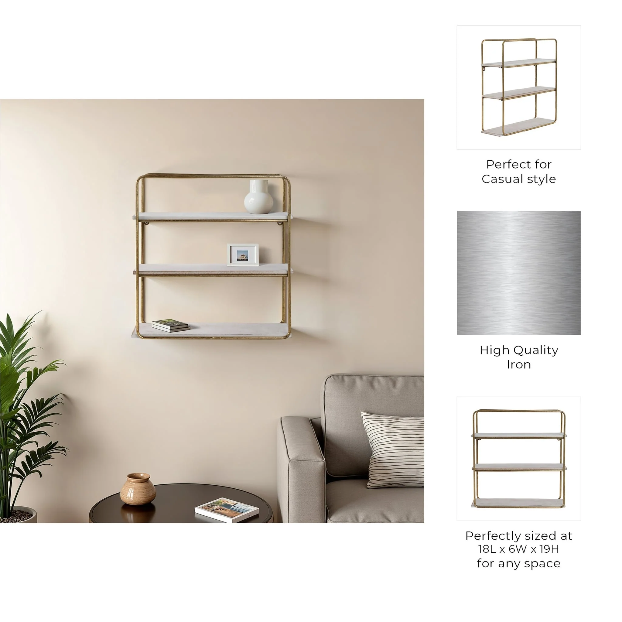 Metal / Wood 3 Tier Wall Shelf, Gold - Image 8
