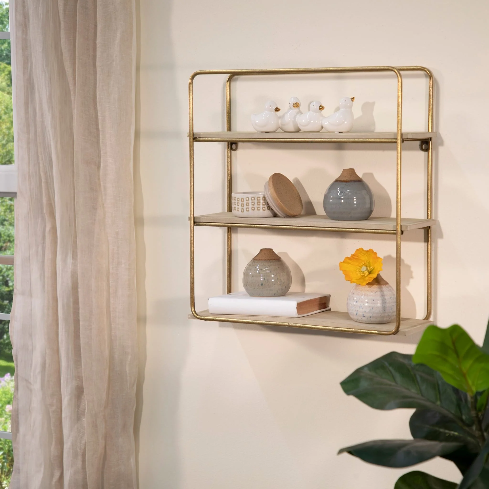 Metal / Wood 3 Tier Wall Shelf, Gold - Image 9