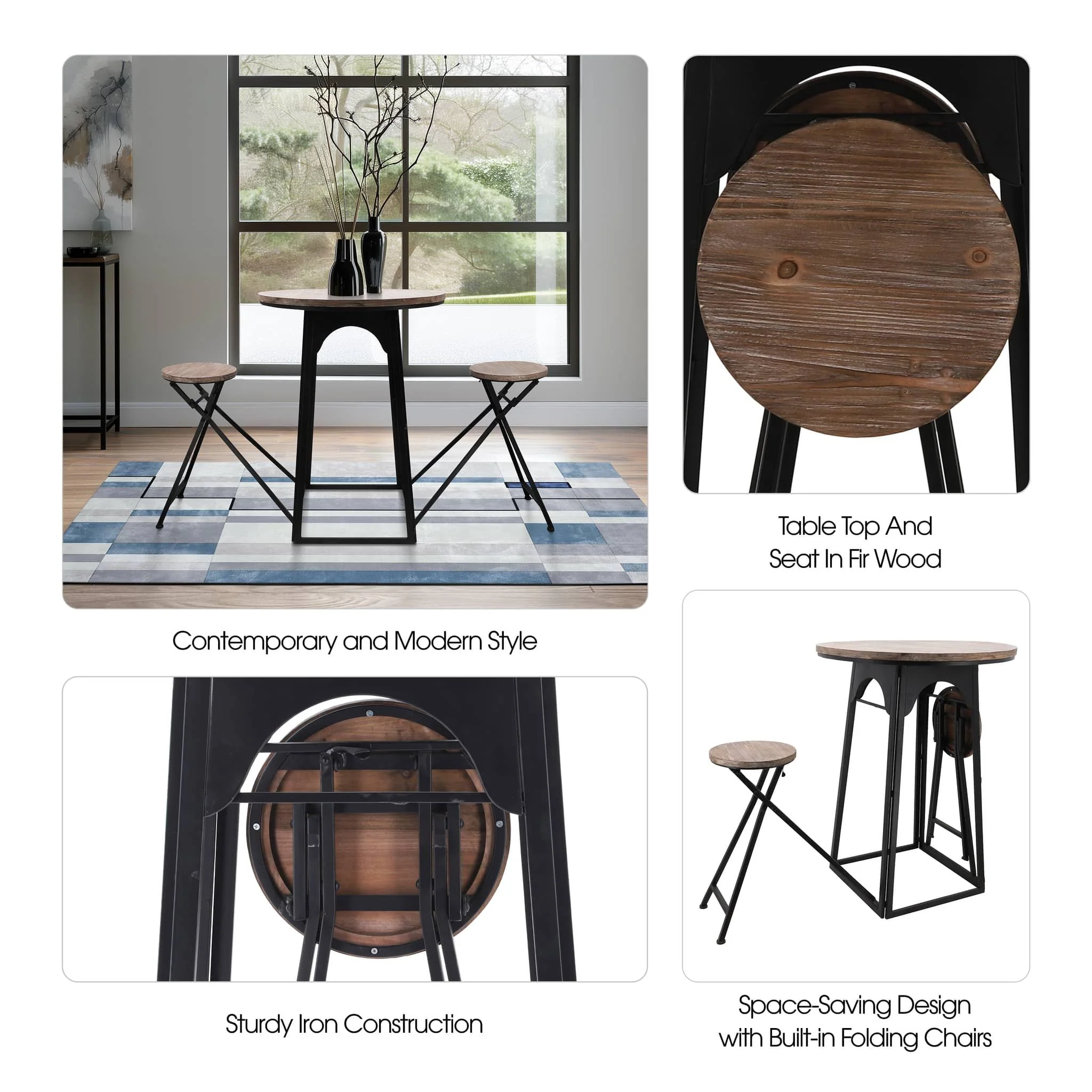 Metal/wood, 41"h Table W/ Folding Chairs, Brown - Image 7