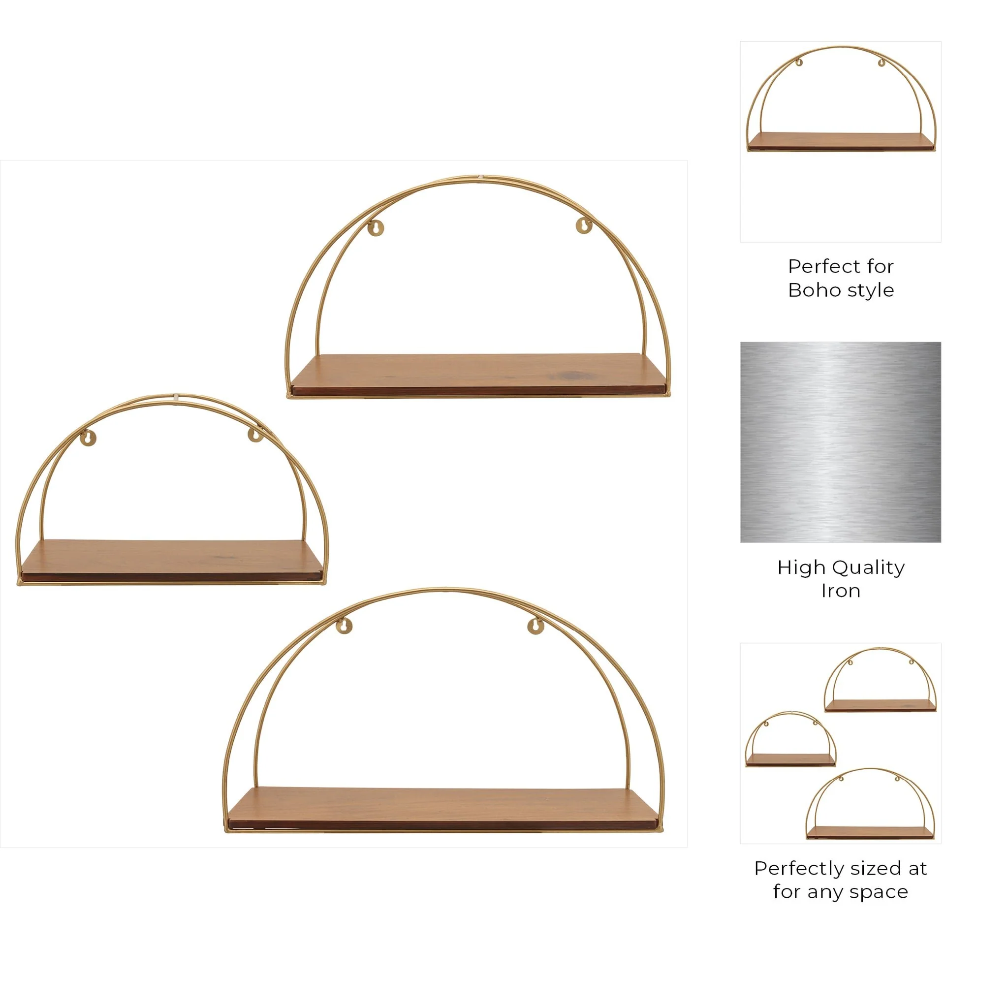 Metal/wood, S/3 10/12/14"h Wall Shelves, Brown/gol - Image 9