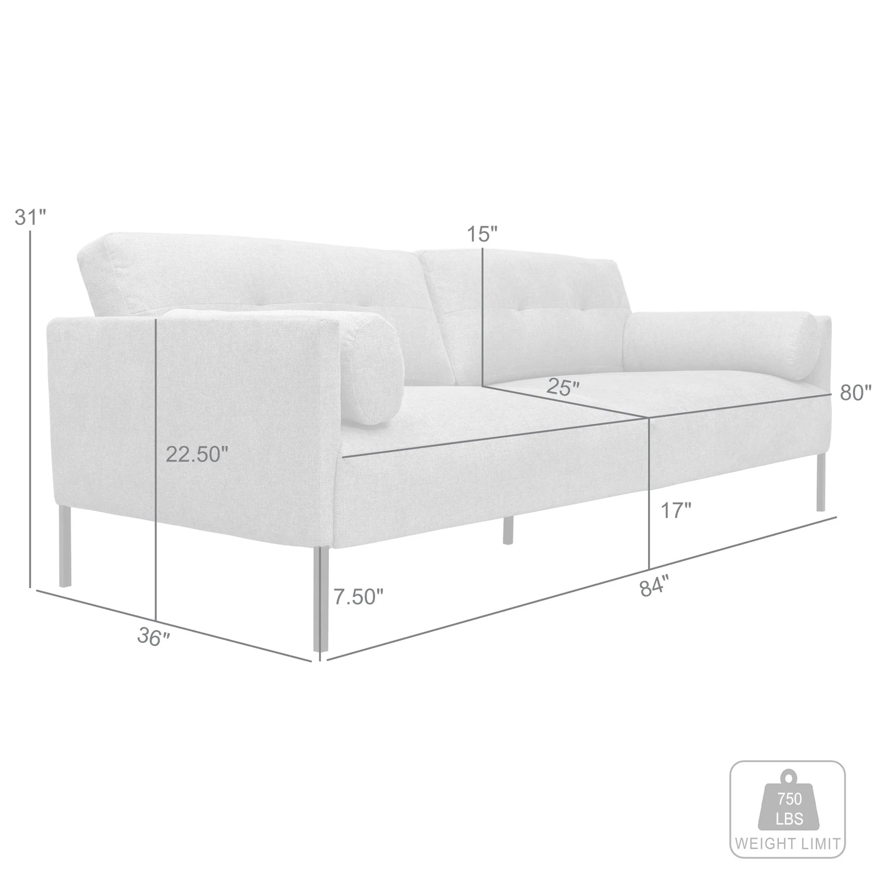 Michalina 84" Gray Fabric Sofa with Black Metal Legs - Image 8
