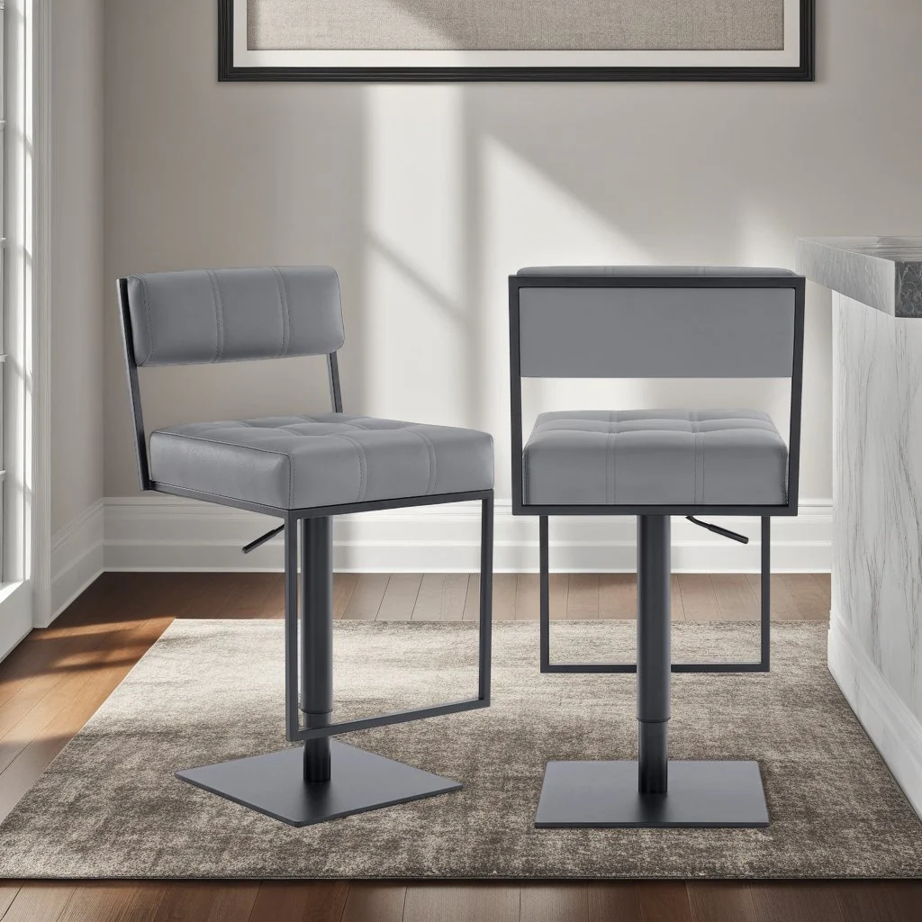 Michele Swivel Adjustable Height Gray Faux Leather and Black Metal Bar Stool - Image 7