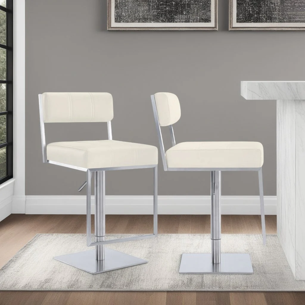 Michele Swivel Adjustable Height Off-White Faux Leather and Brushed Stainless Steel Bar Stool - Image 8