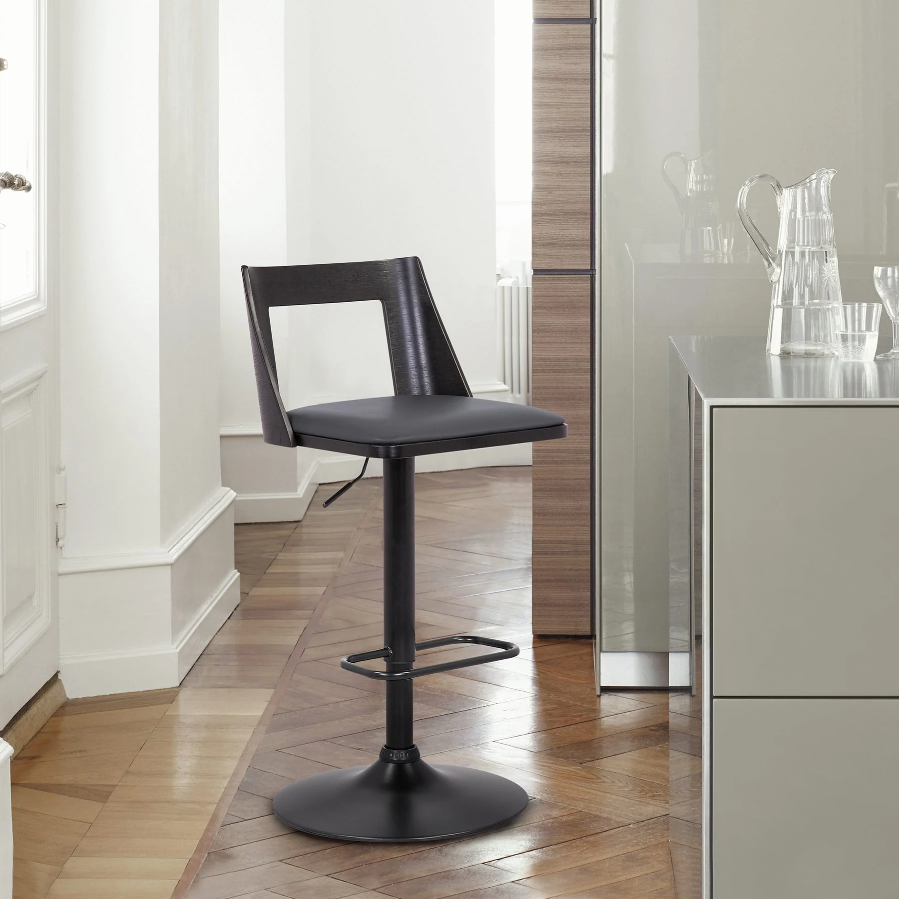 Milan Adjustable Swivel Gray Faux Leather and Black Wood Bar Stool with Black Base - Image 10