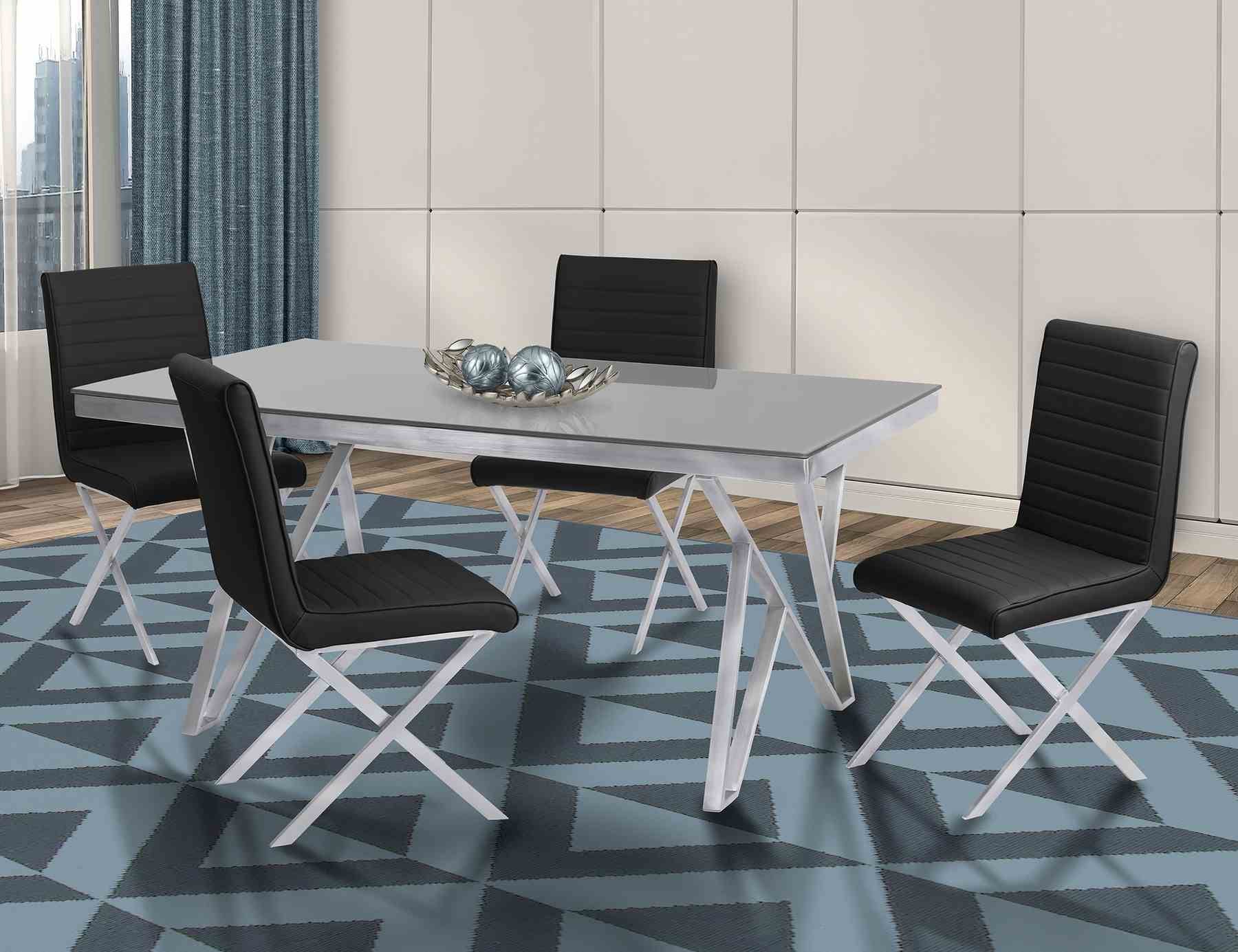 Mirage Contemporary Dining Table in Brushed Stainless Steel and Gray Tempered Glass Top - Image 4