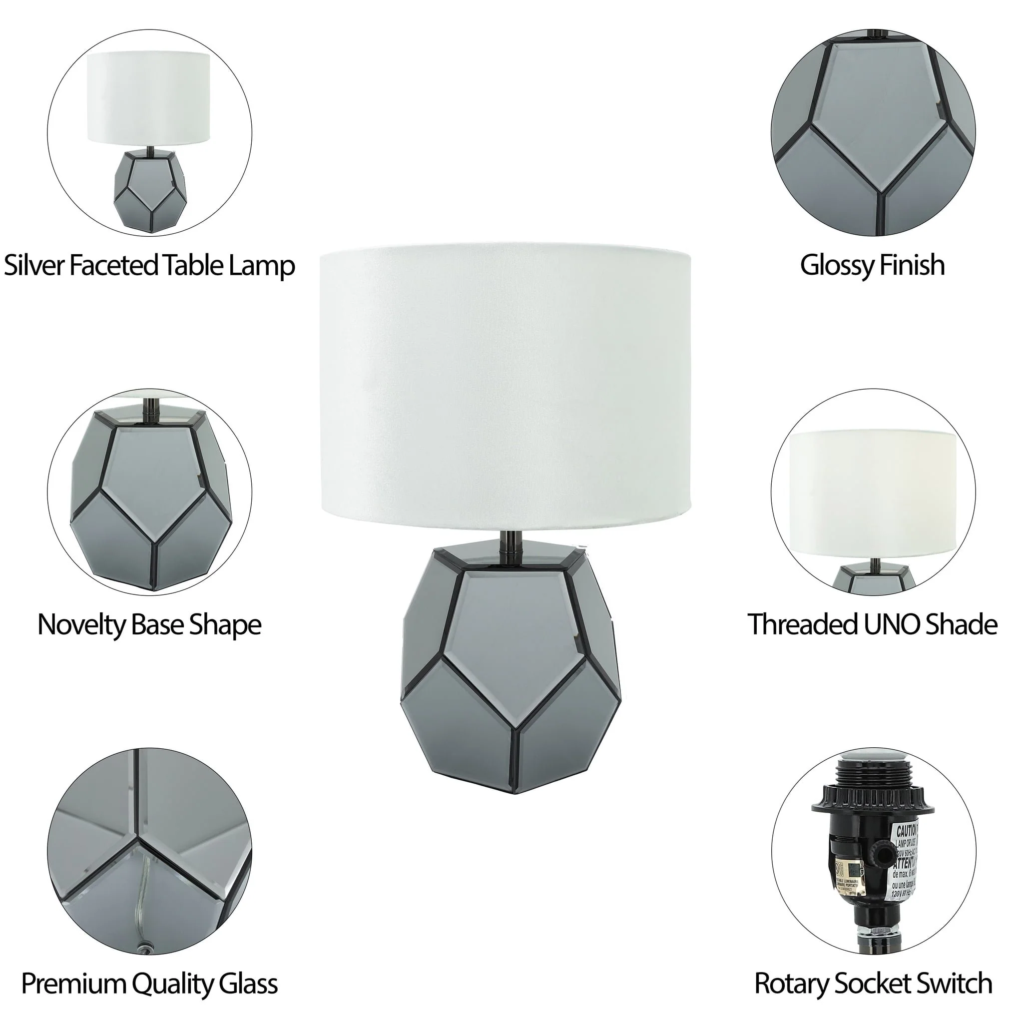 Mirrored 17.25" Facetd Table Lamp, Silver - Image 7