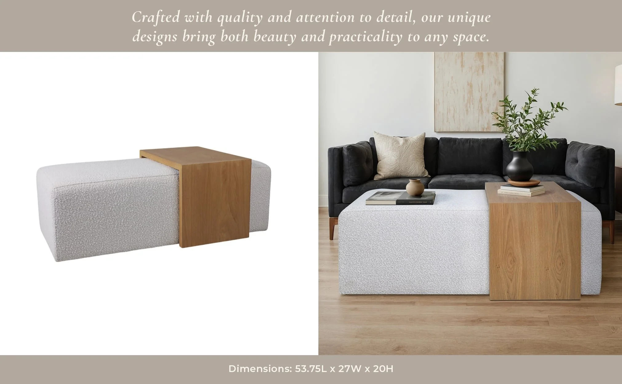 Modern Rectangular Ottoma, Wood Accent, Ivory - Image 11