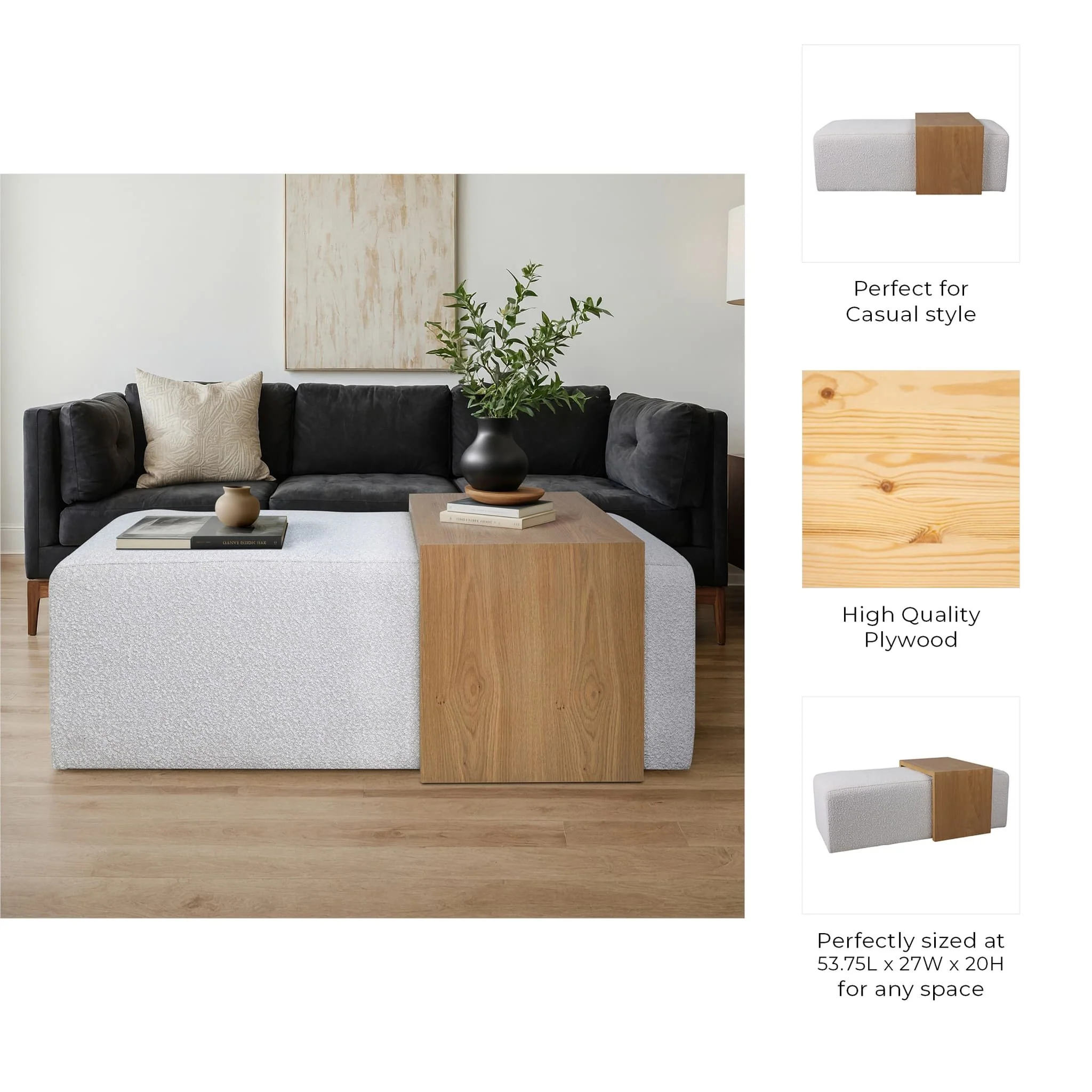 Modern Rectangular Ottoma, Wood Accent, Ivory - Image 9
