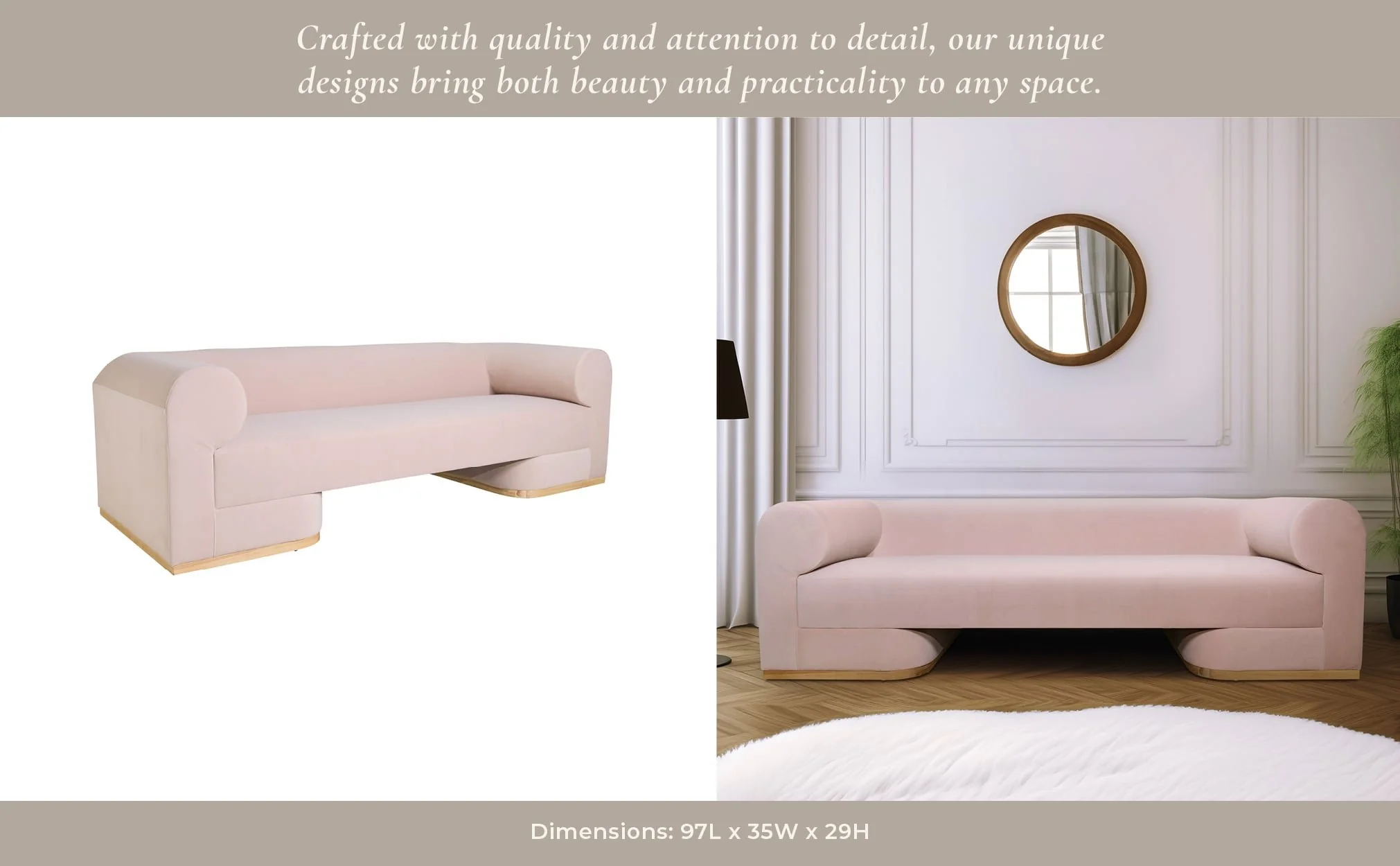 Modern Sofa - Oak Wood Base, Blush - Image 11