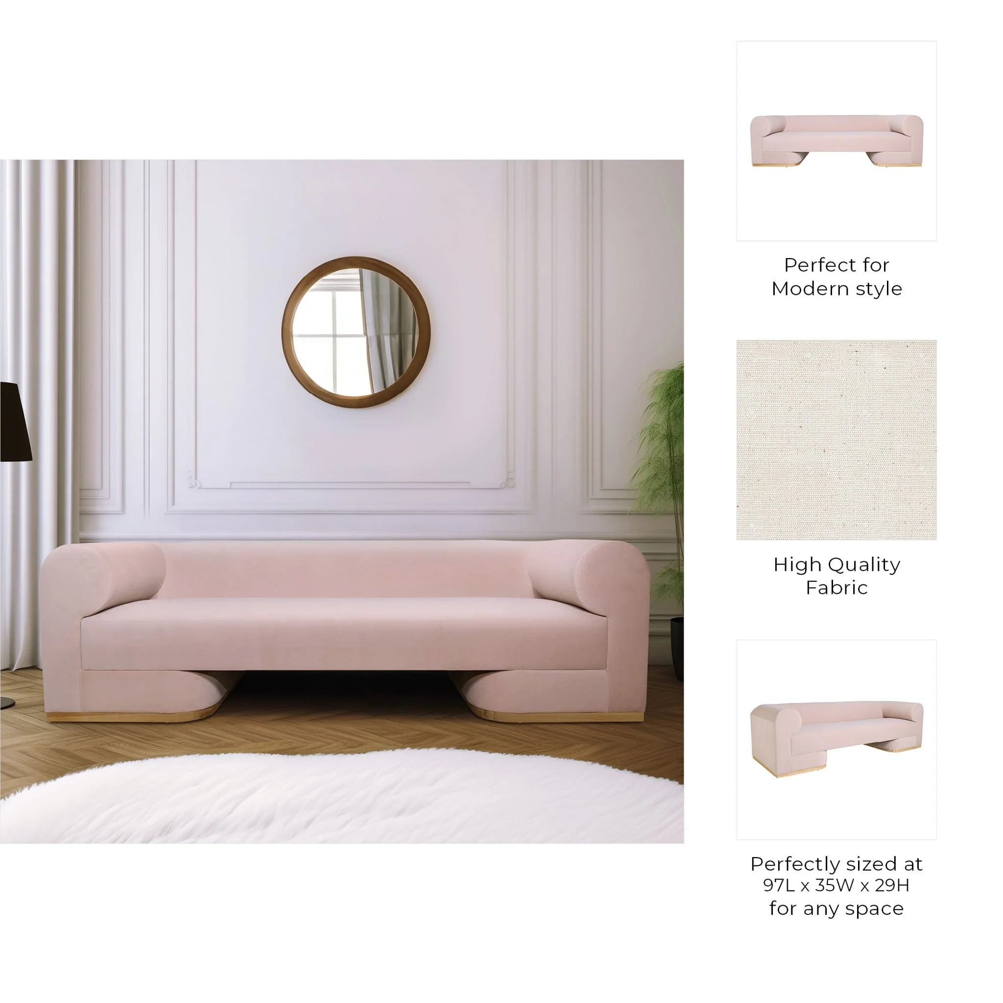 Modern Sofa - Oak Wood Base, Blush - Image 9