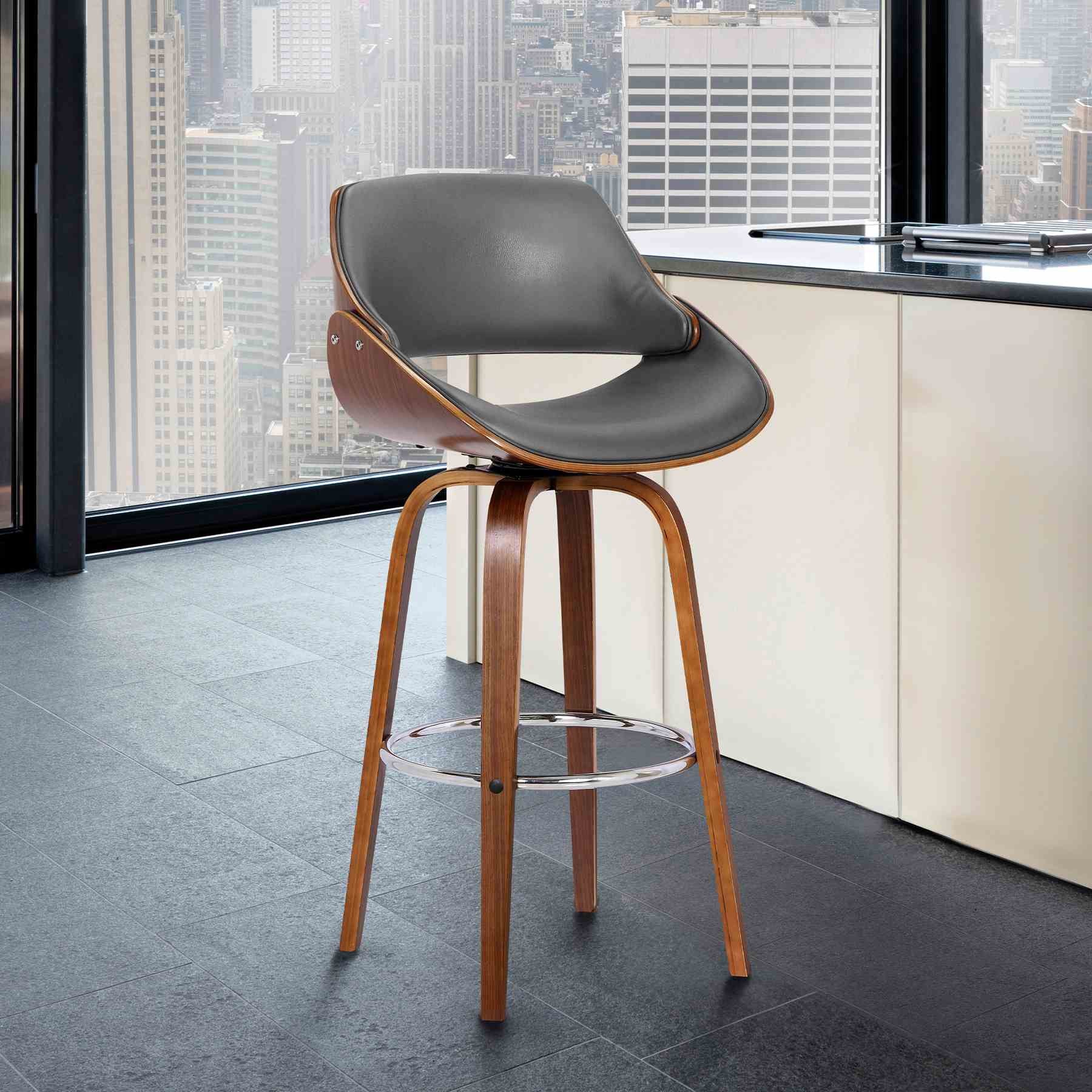 Mona 26" Counter Height Swivel Gray Faux Leather and Walnut Wood Bar Stool - Image 6