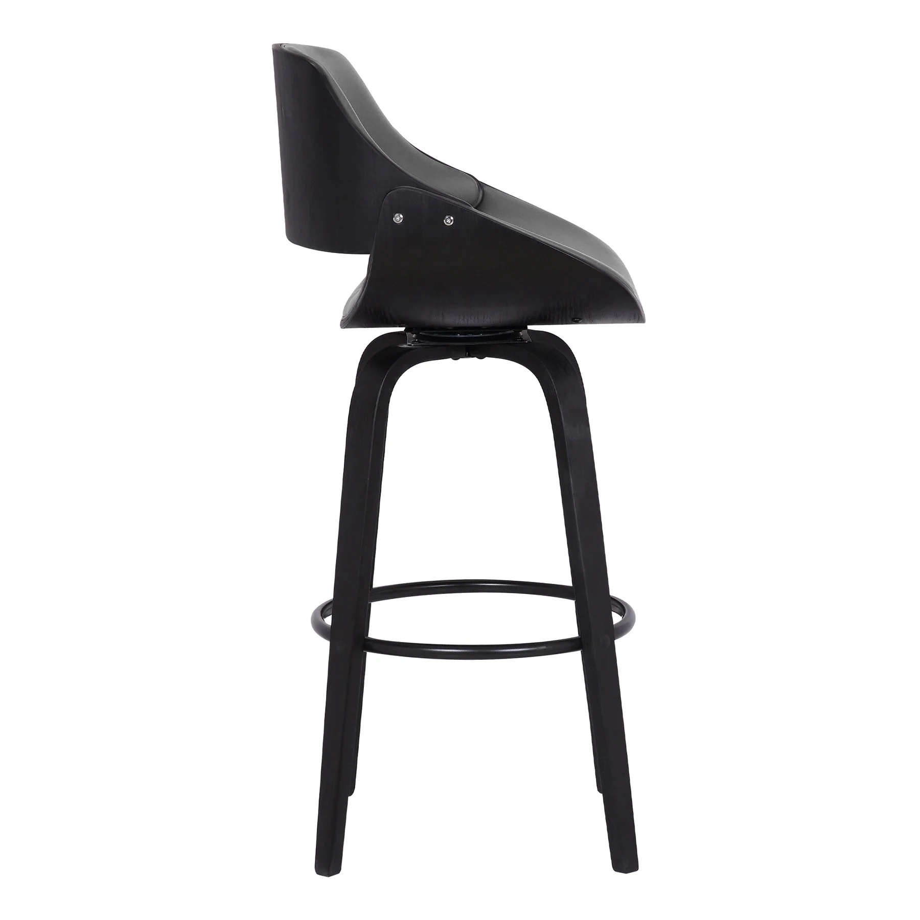 Mona 30" Bar Height Swivel Gray Faux Leather and Black Wood Bar Stool - Image 3