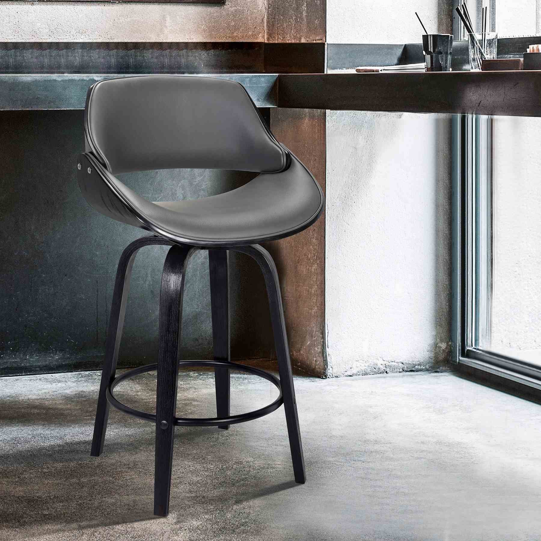 Mona 30" Bar Height Swivel Gray Faux Leather and Black Wood Bar Stool - Image 6