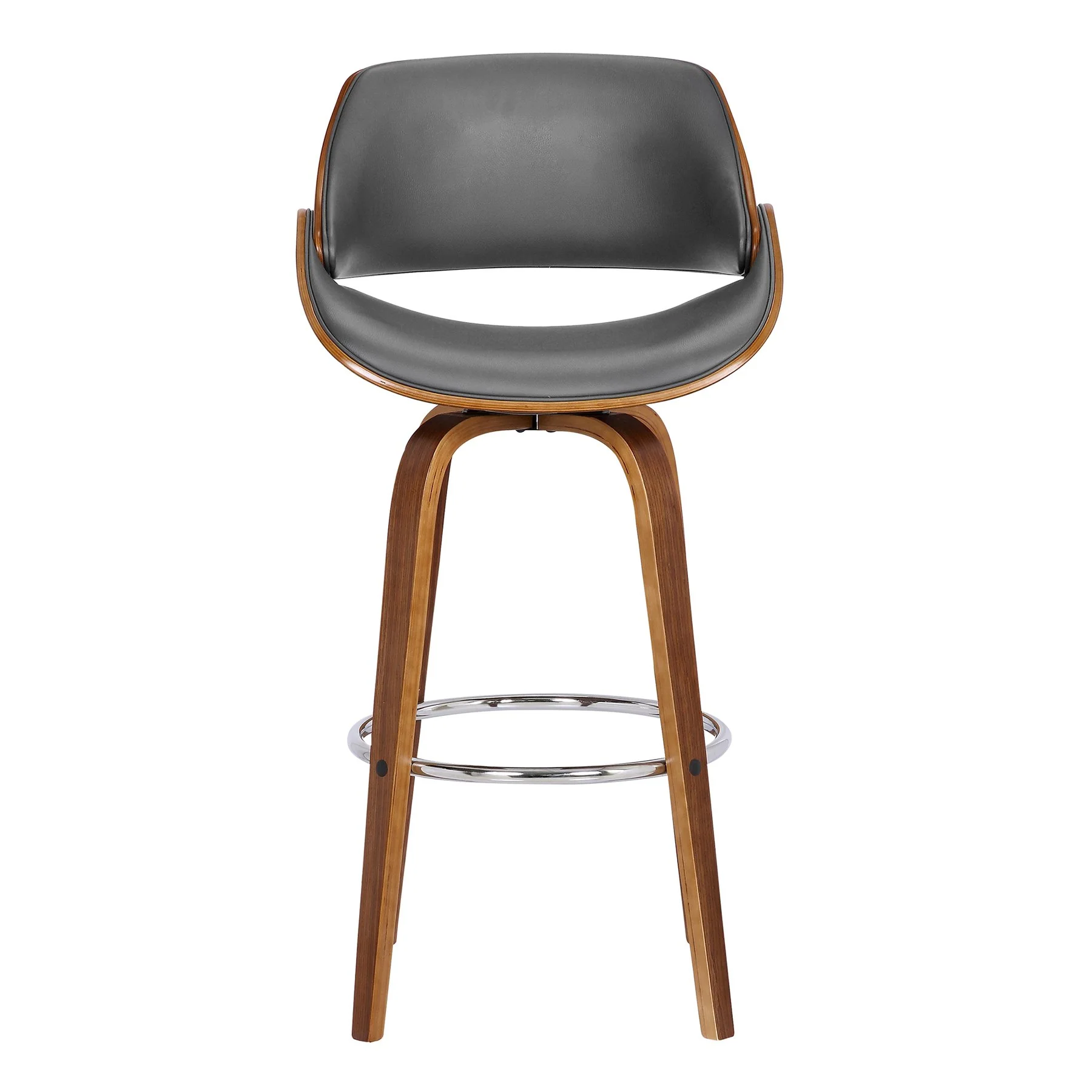 Mona 30" Bar Height Swivel Gray Faux Leather and Walnut Wood Bar Stool - Image 2