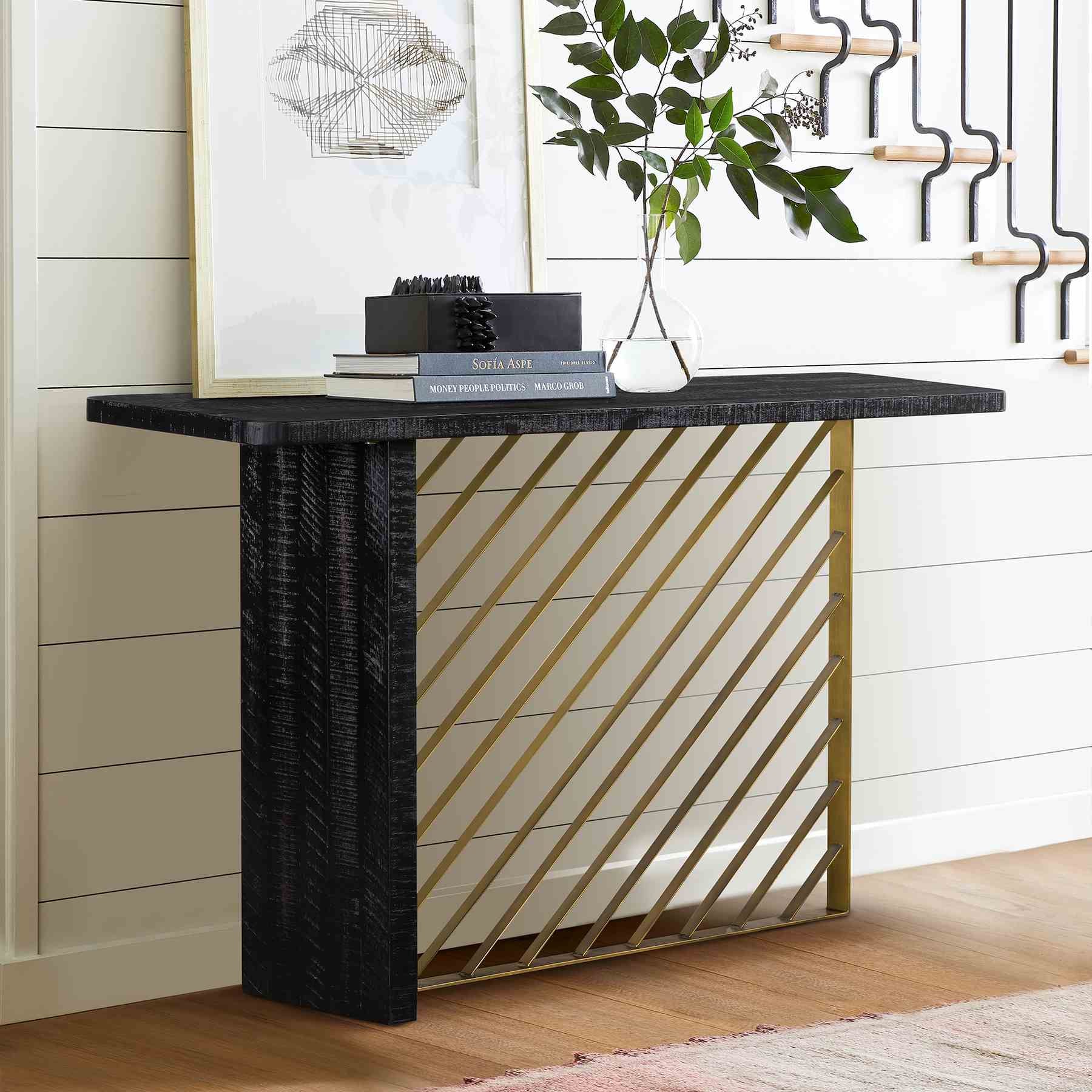 Monaco Black Wood Console Table with Antique Brass Accent - Image 8