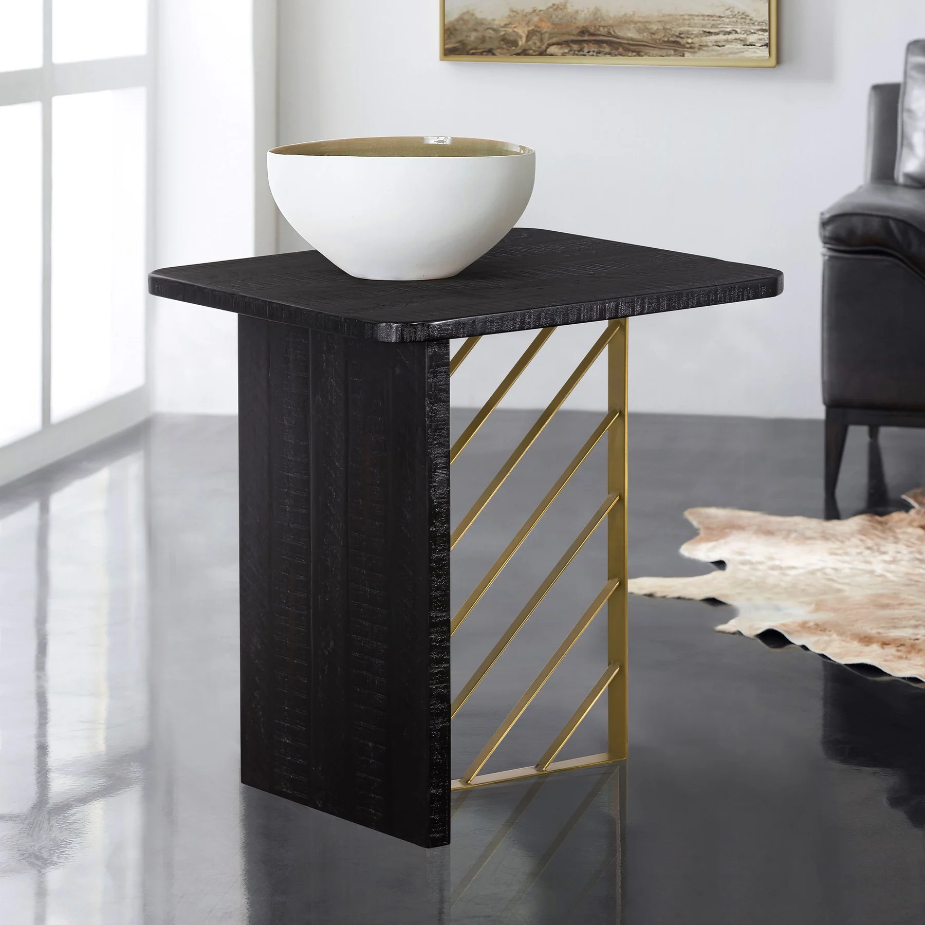 Monaco Black Wood Side Table with Antique Brass Accent - Image 8