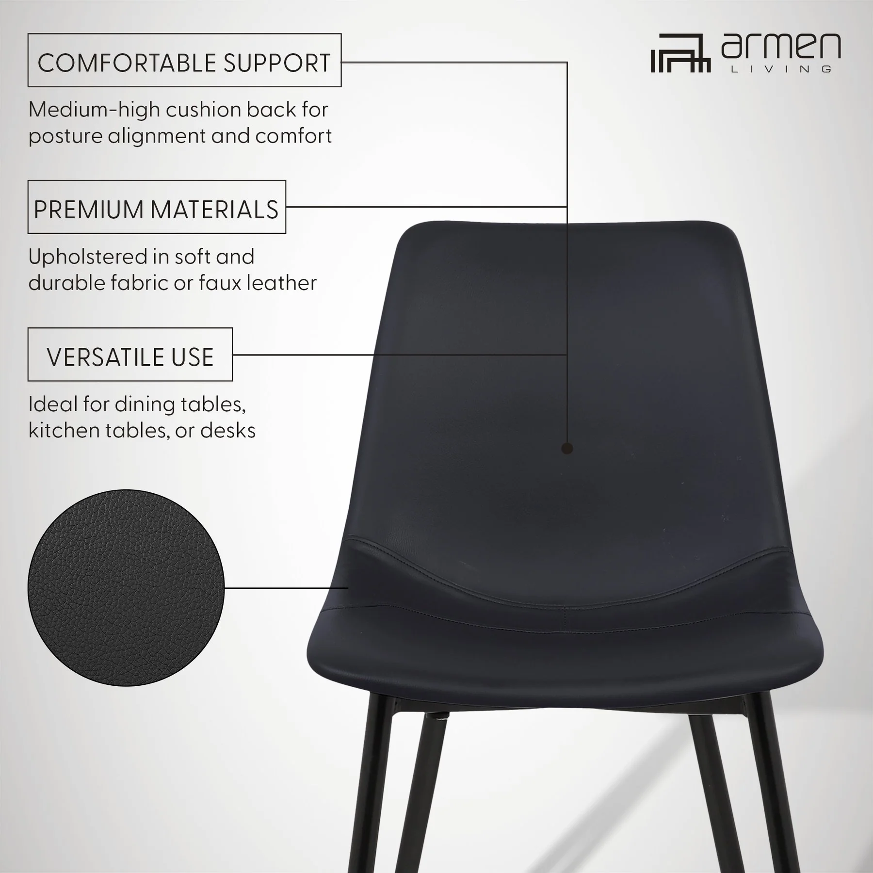 Monte Contemporary Dining Chair in Black Faux Leather with Black Metal Legs - Image 9