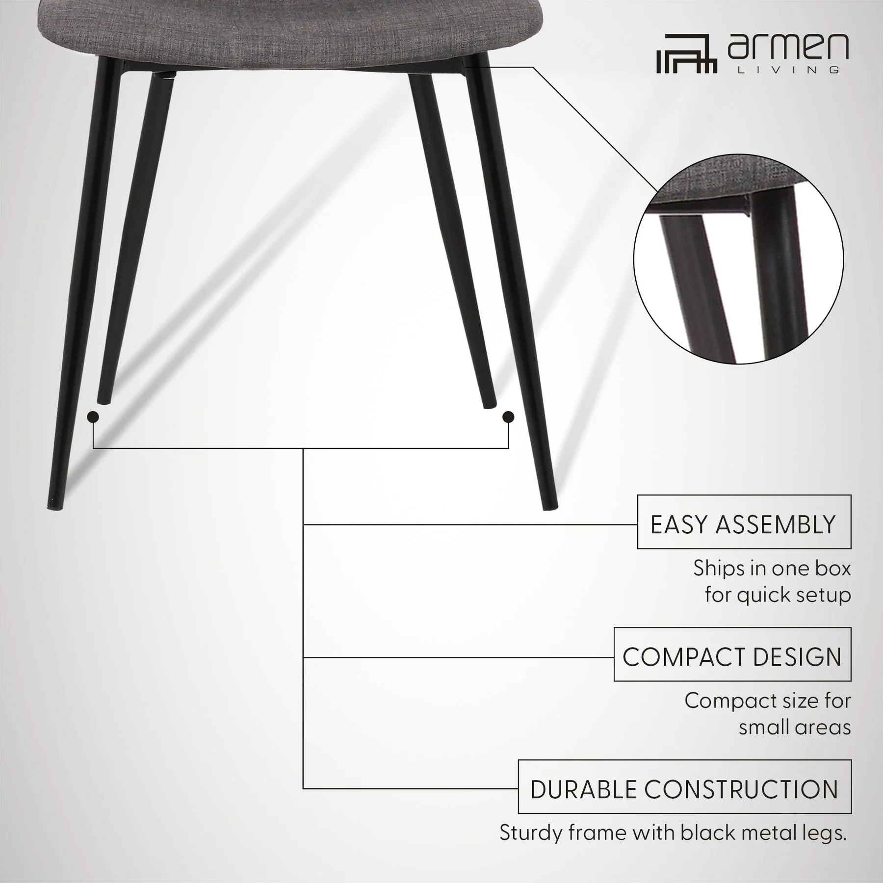 Monte Contemporary Dining Chair in Charcoal Fabric with Black Metal Legs - Image 8