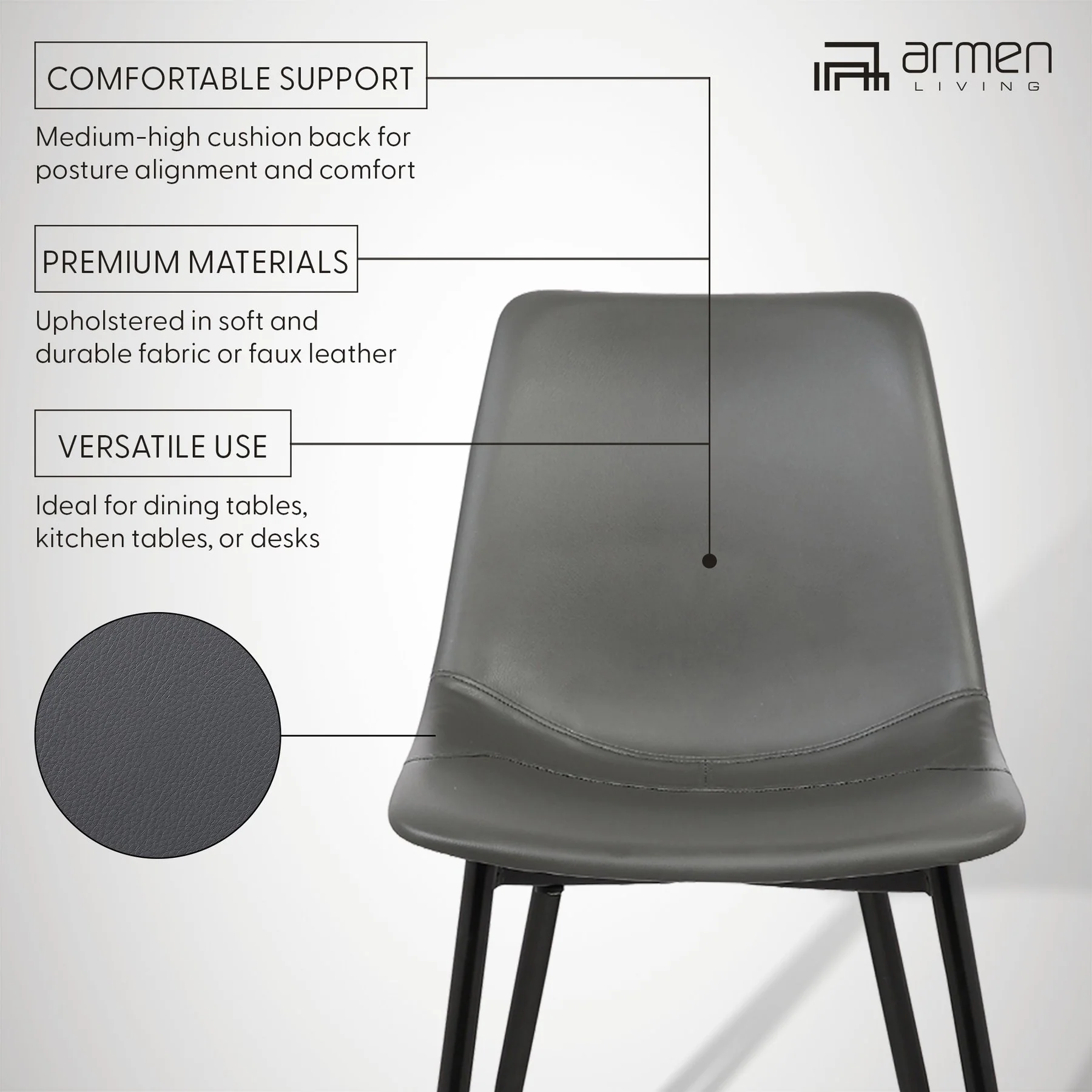 Monte Contemporary Dining Chair in Gray Faux Leather with Black Metal Legs - Image 9