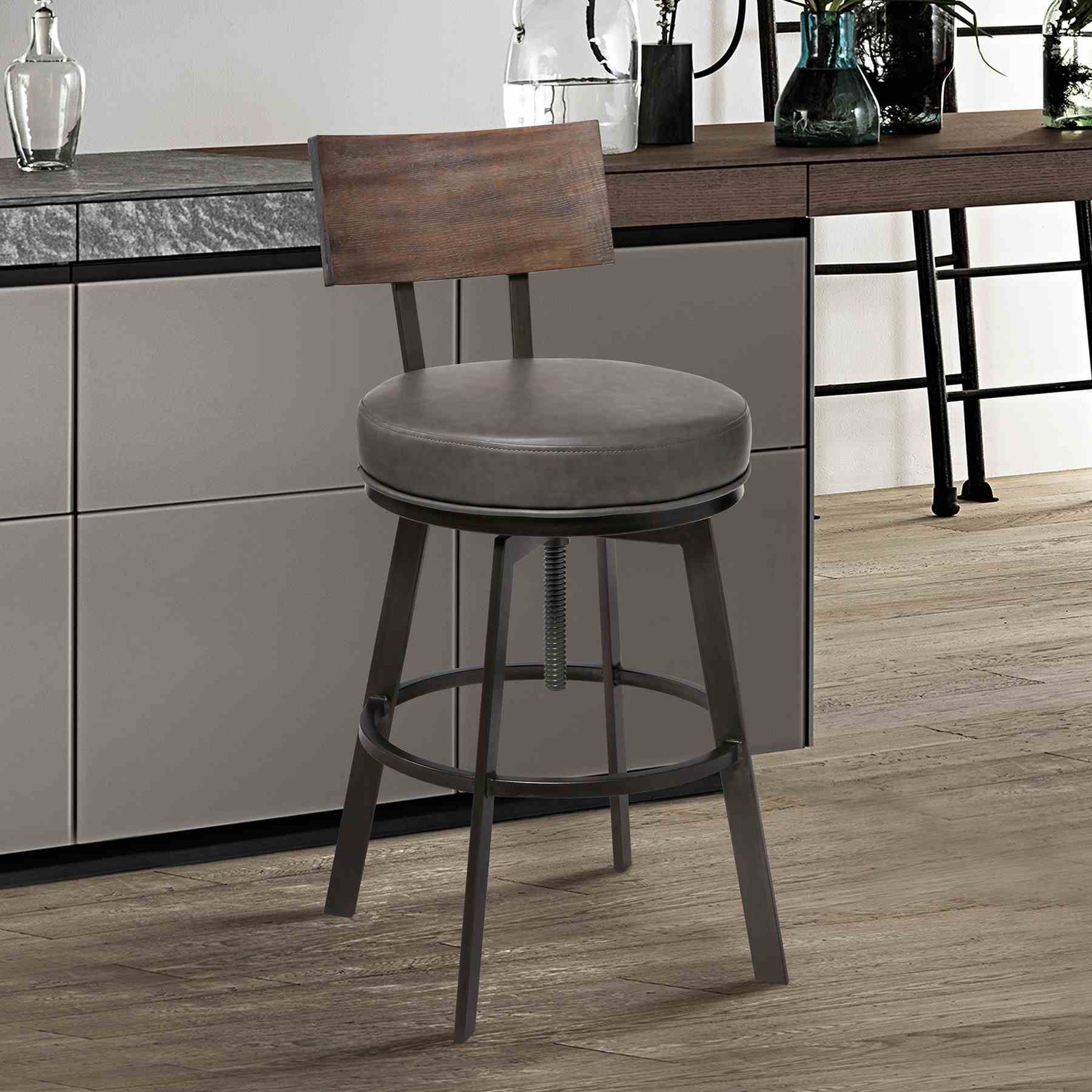 Montreal Mid-Century Adjustable Barstool in Mineral Finish with Gray Faux Leather and Walnut Wood Finish Back - Image 6