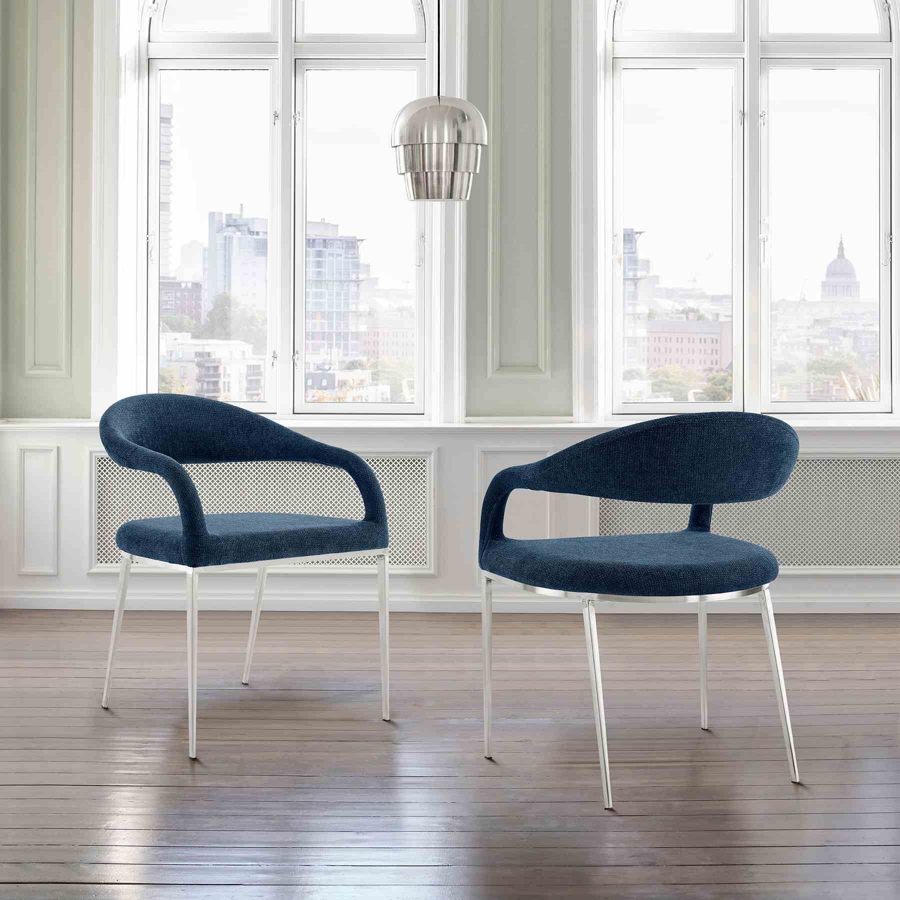 Morgan Upholstered Dining Chair with Brushed Stainless Steel and Blue Fabric - Set of 2 - Image 11