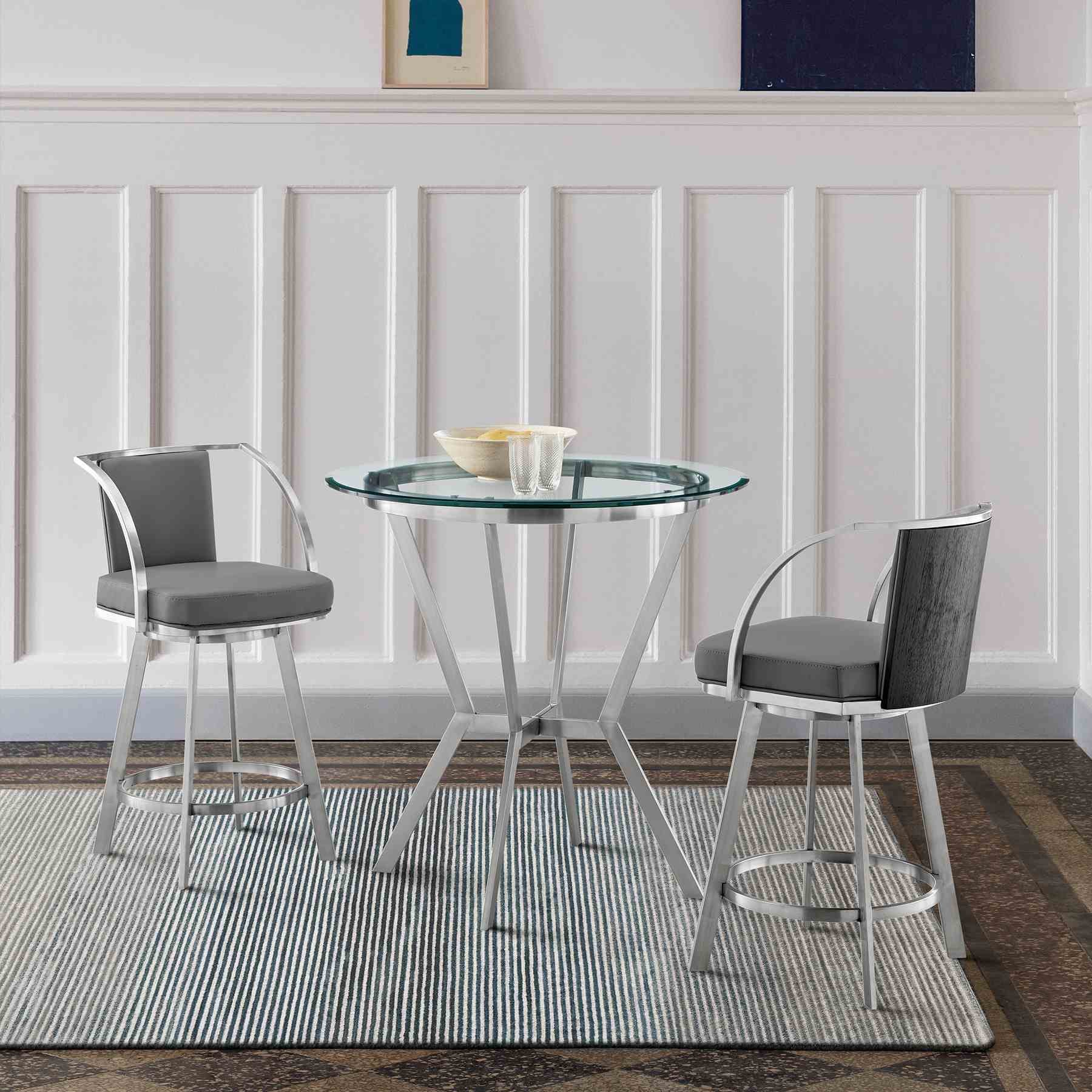 Naomi and Livingston 3-Piece Counter Height Dining Set in Brushed Stainless Steel and Gray Faux Leather - Image 9