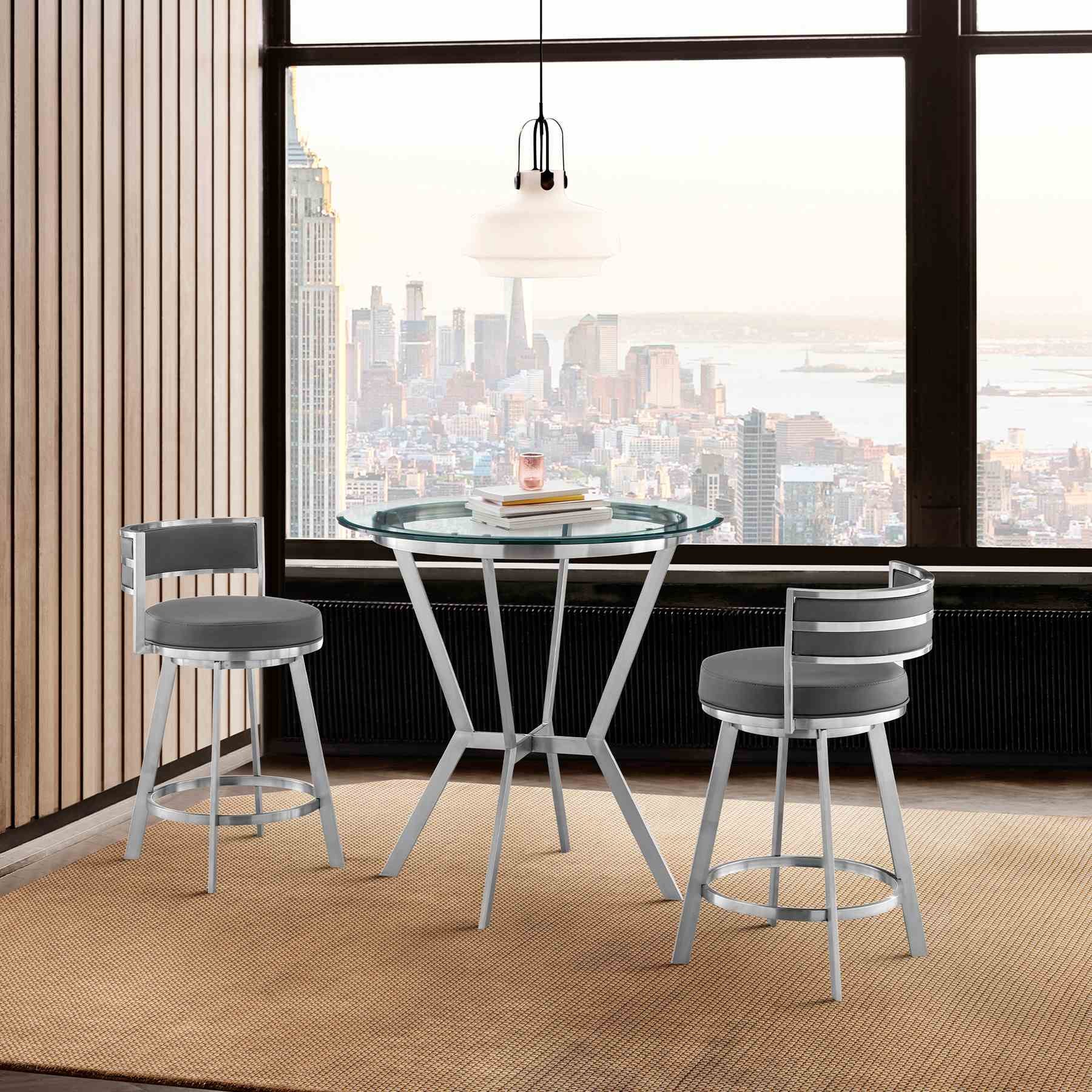 Naomi and Roman 3-Piece Counter Height Dining Set in Brushed Stainless Steel and Gray Faux Leather - Image 9