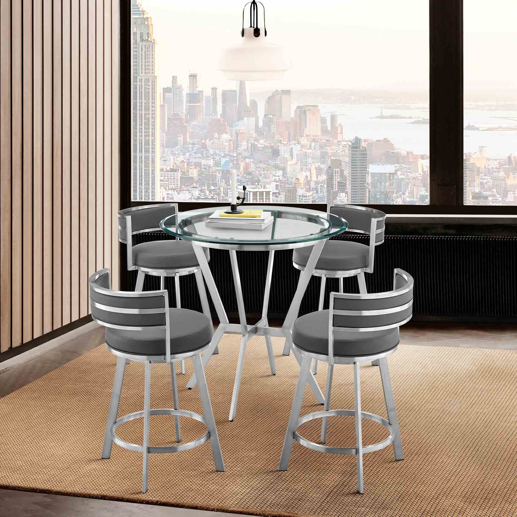 Naomi and Roman 5-Piece Counter Height Dining Set in Brushed Stainless Steel and Gray Faux Leather - Image 9