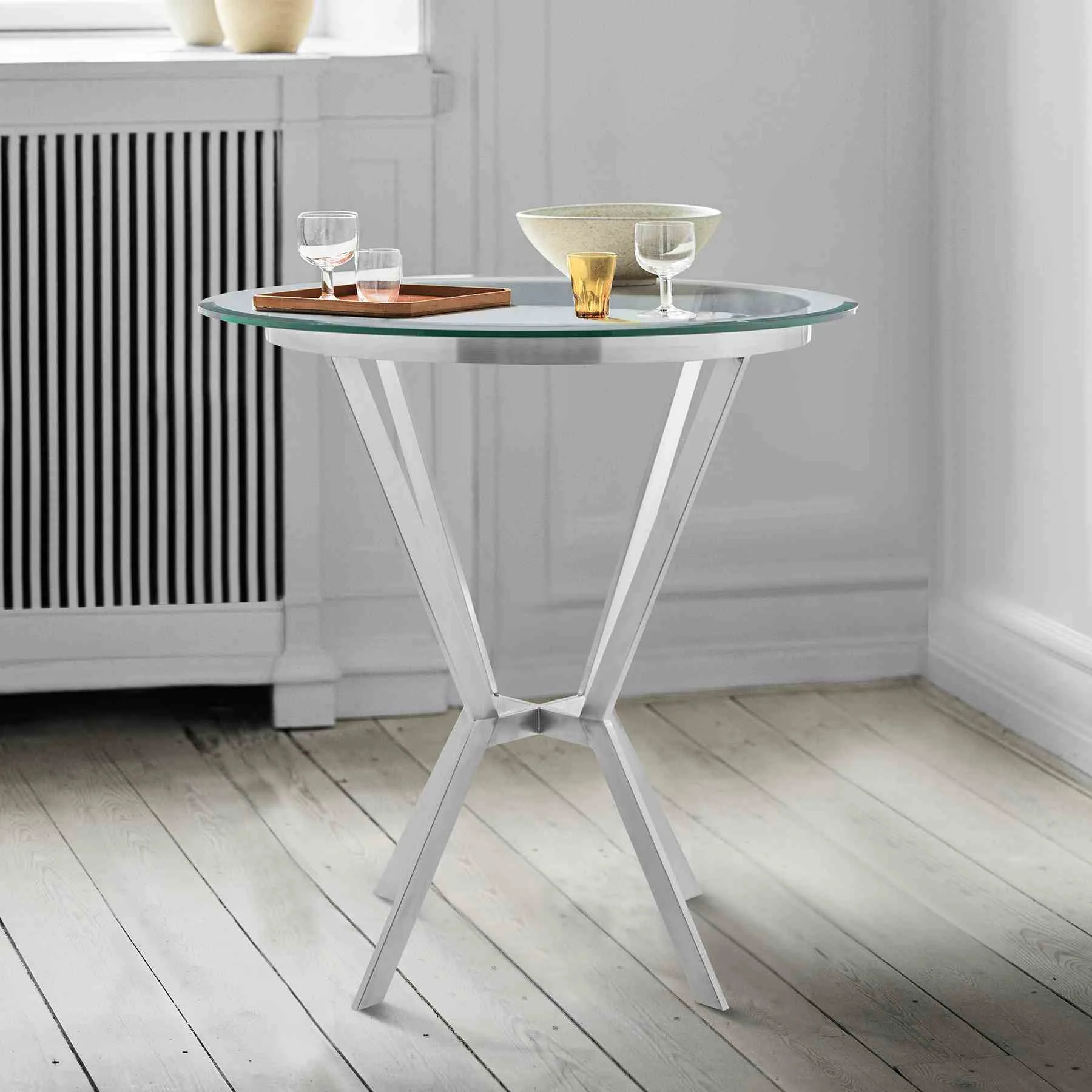 Naomi Round Glass and Brushed Stainless Steel Bar Table - Image 5