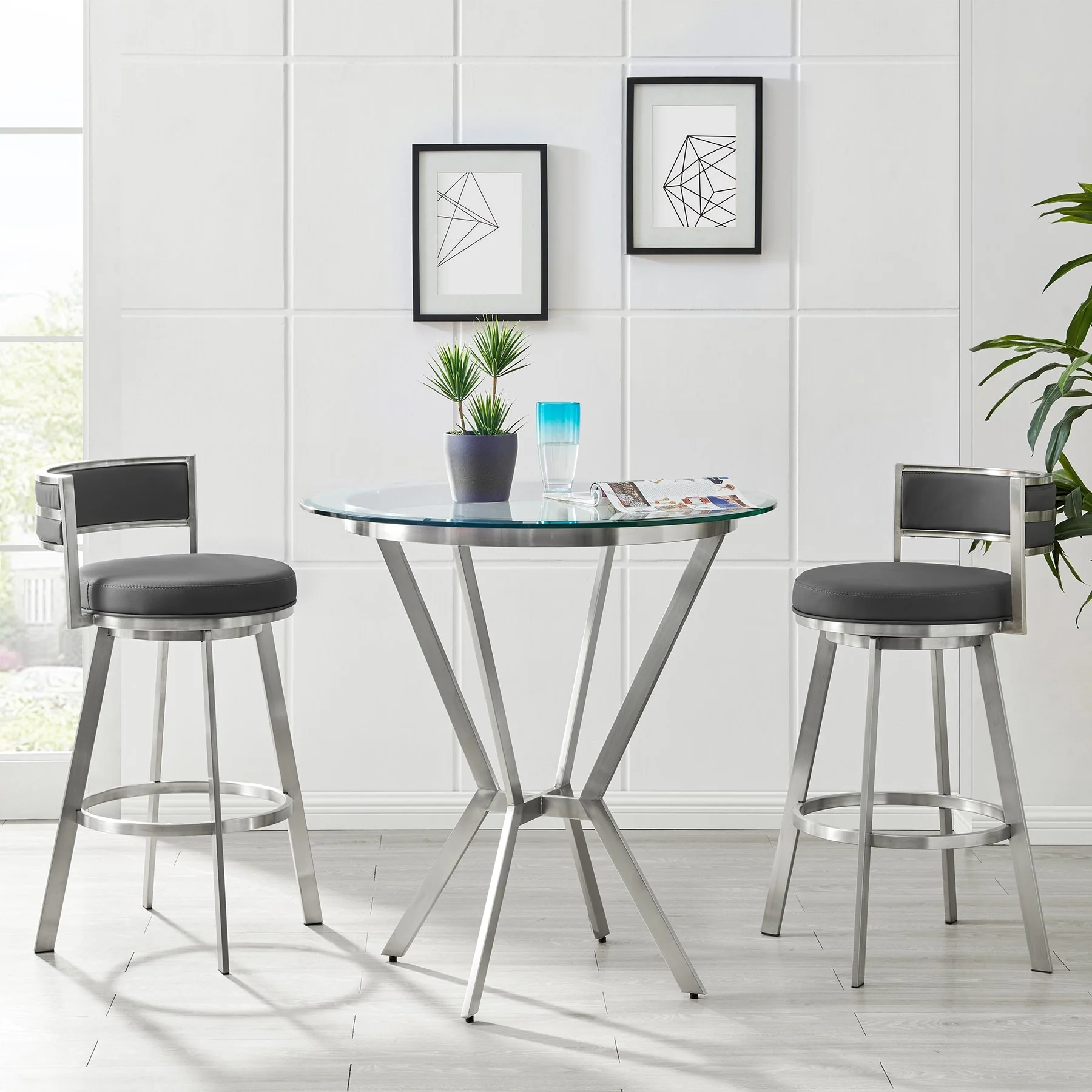 Naomi Round Glass and Brushed Stainless Steel Bar Table - Image 6