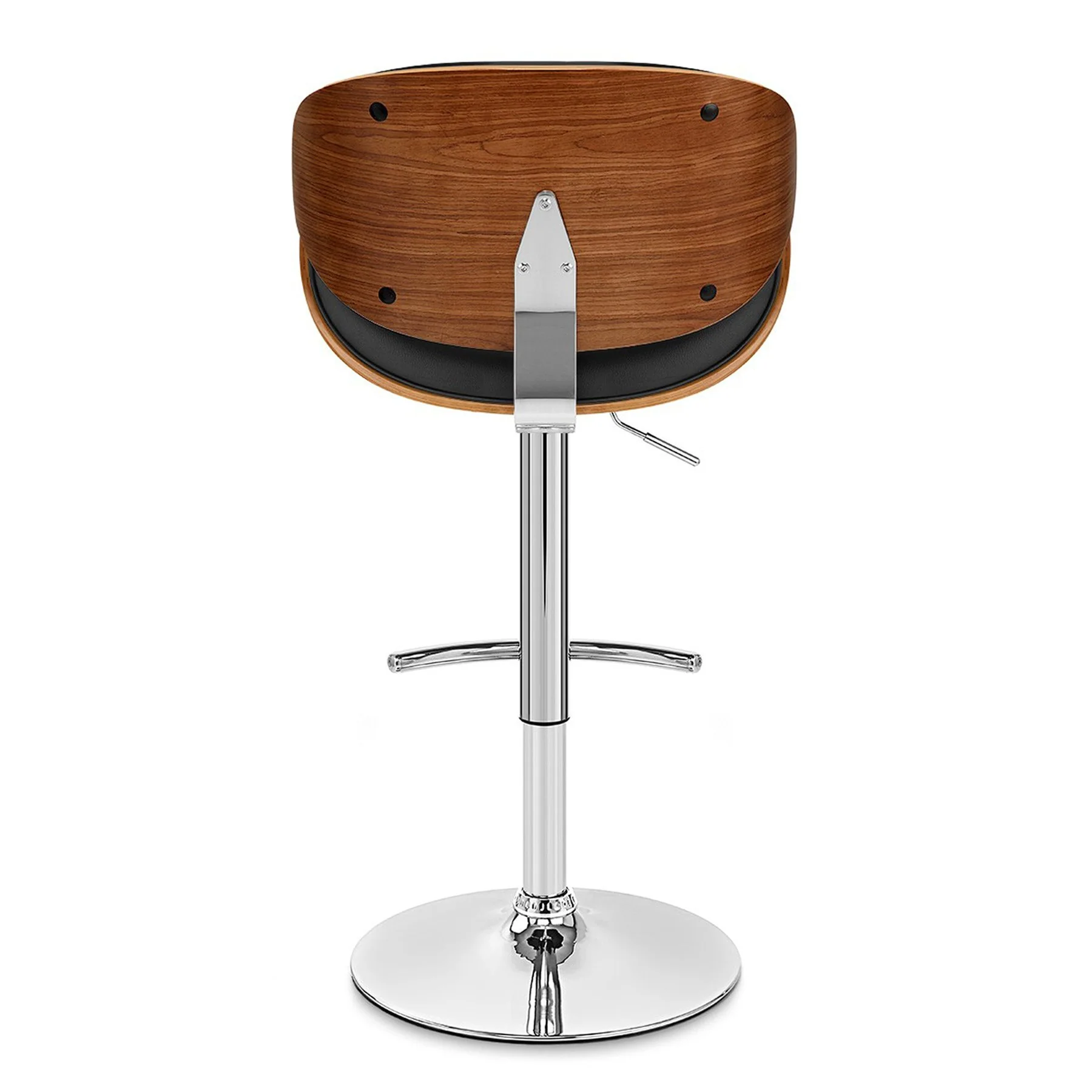 Naples Black Faux Leather Adjustable Height Swivel Walnut Wood and Chrome Base Bar Stool - Image 5