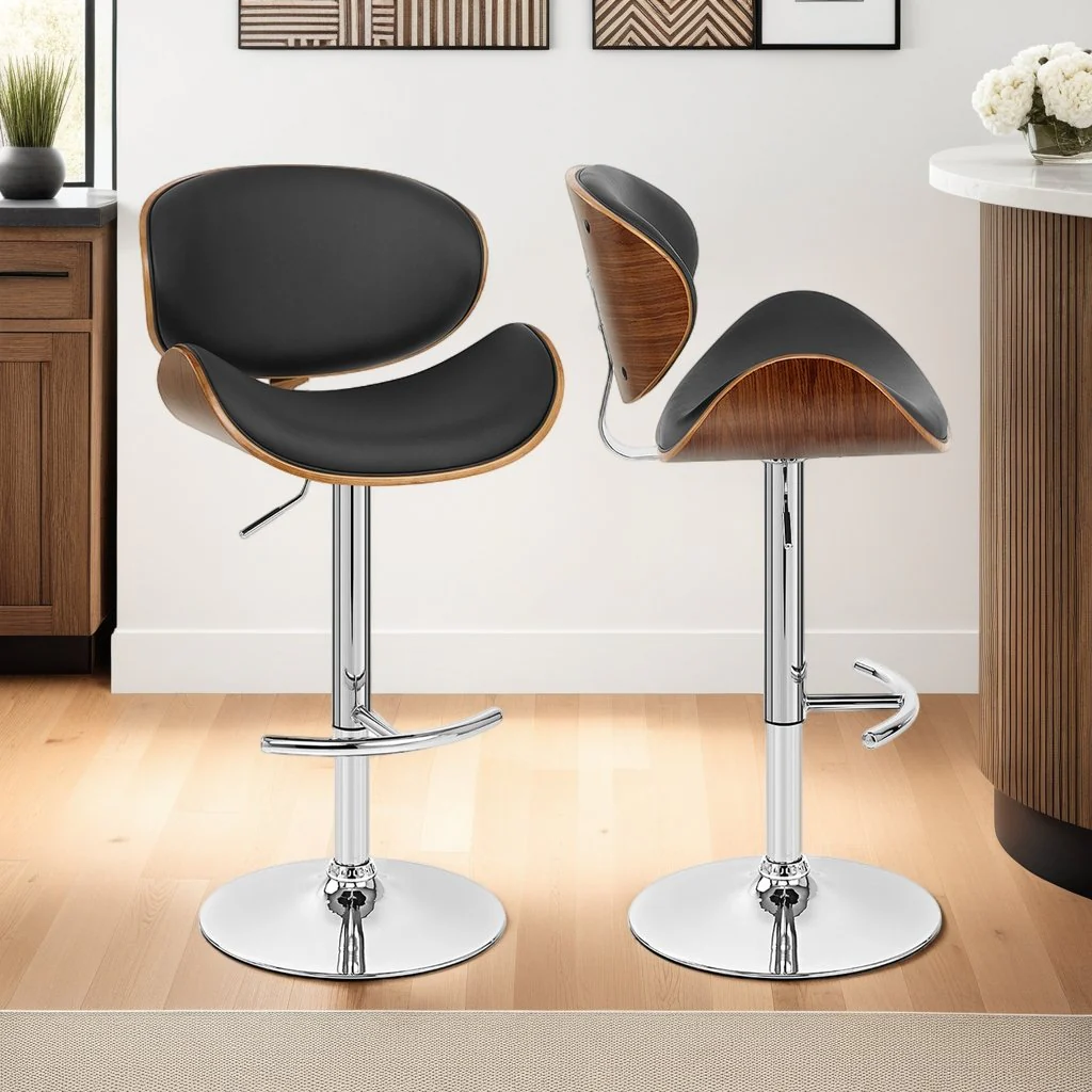Naples Black Faux Leather Adjustable Height Swivel Walnut Wood and Chrome Base Bar Stool - Image 9