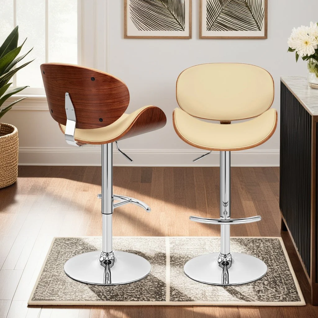 Naples Cream Faux Leather Adjustable Height Swivel Walnut Wood and Chrome Base Bar Stool - Image 8