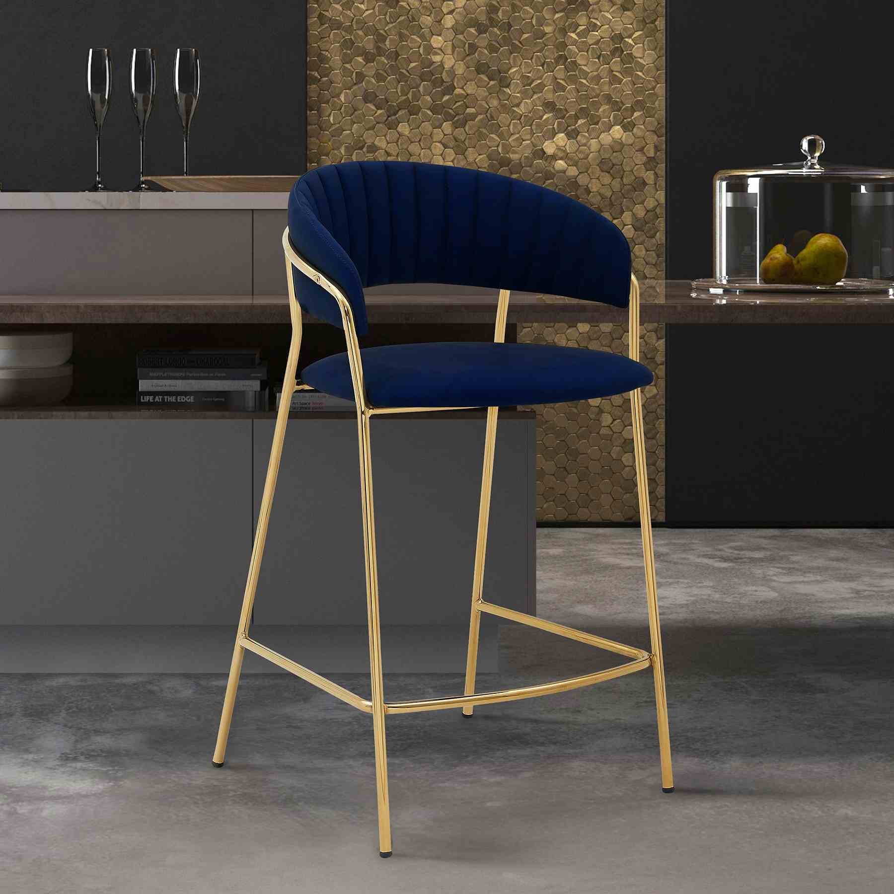 Nara 26" Blue Faux Leather and Metal Counter Height Barstool with Gold Frame - Image 7
