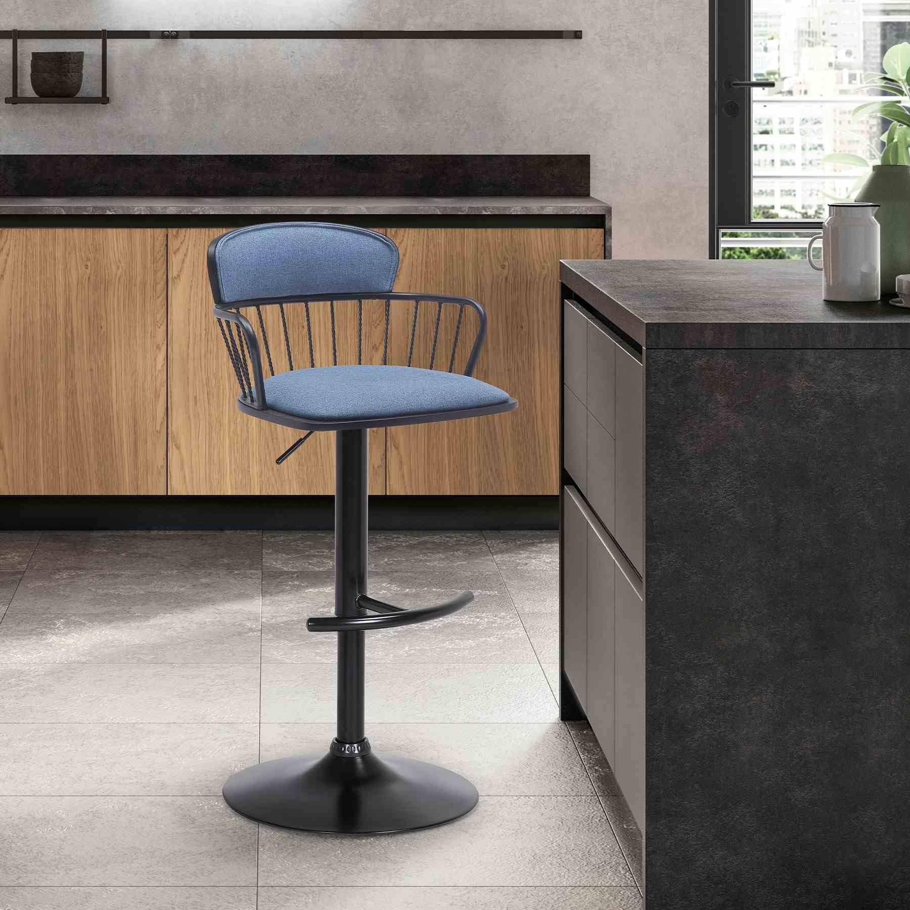 Nash Adjustable Black Wood Bar Stool in Blue Fabric with Black Metal - Image 10