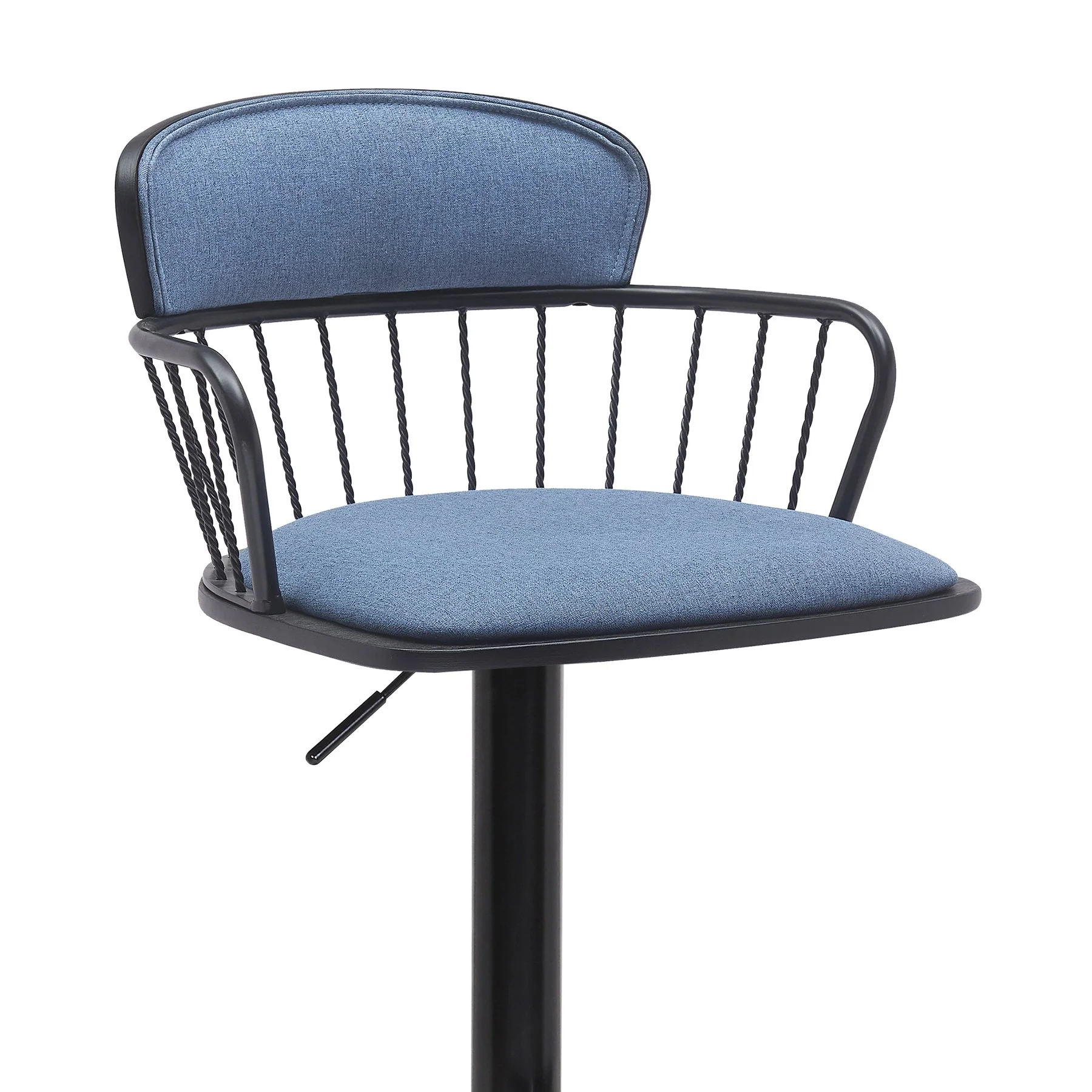 Nash Adjustable Black Wood Bar Stool in Blue Fabric with Black Metal - Image 4