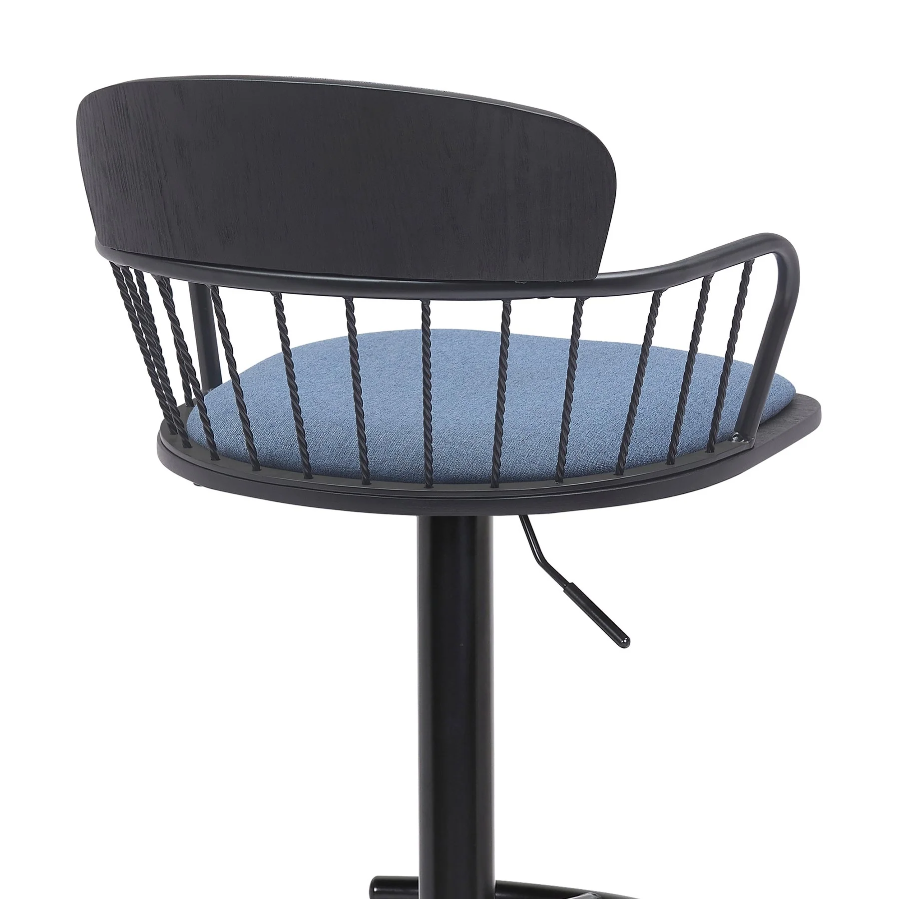 Nash Adjustable Black Wood Bar Stool in Blue Fabric with Black Metal - Image 5
