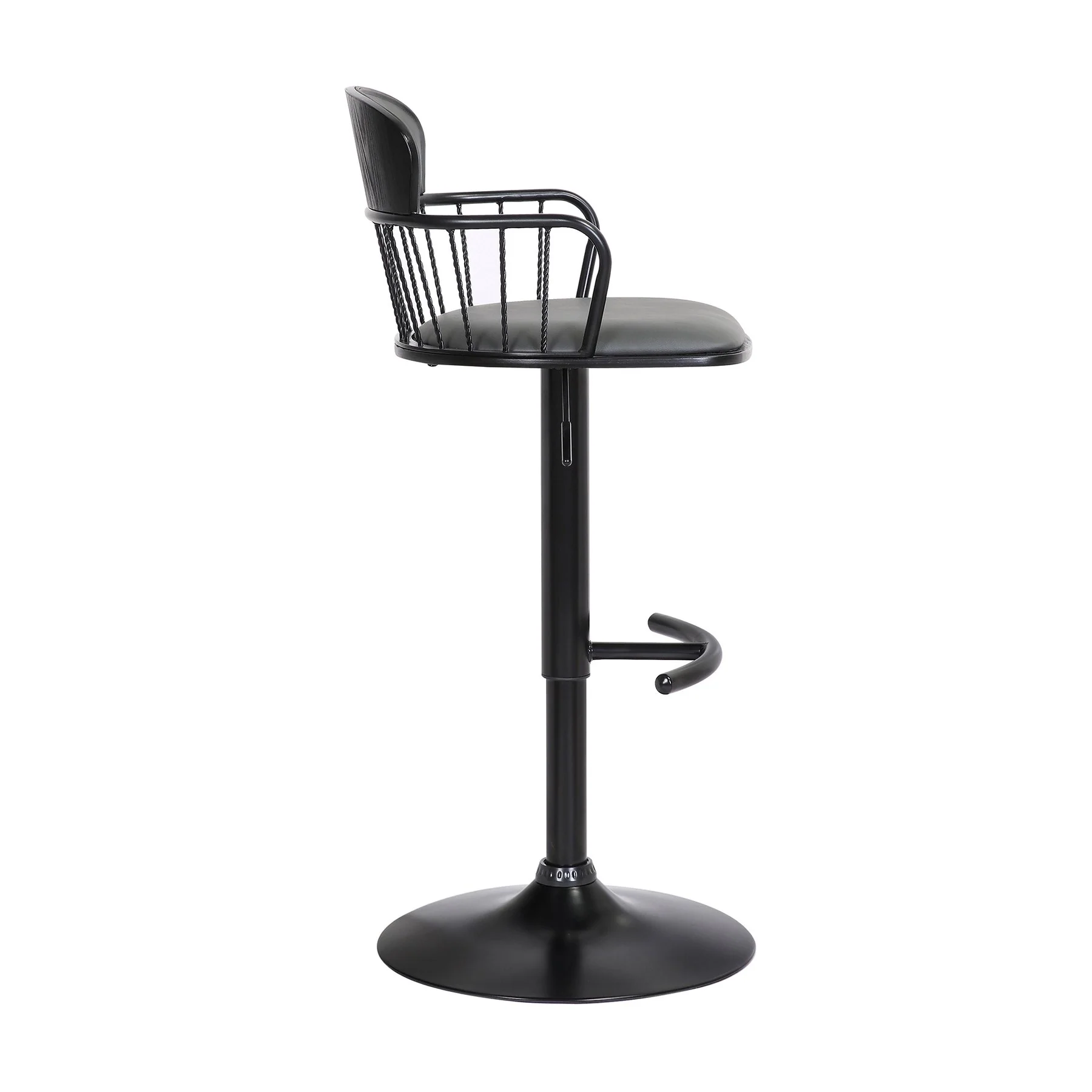 Nash Adjustable Black Wood Bar Stool in Gray Faux Leather with Black Metal - Image 3