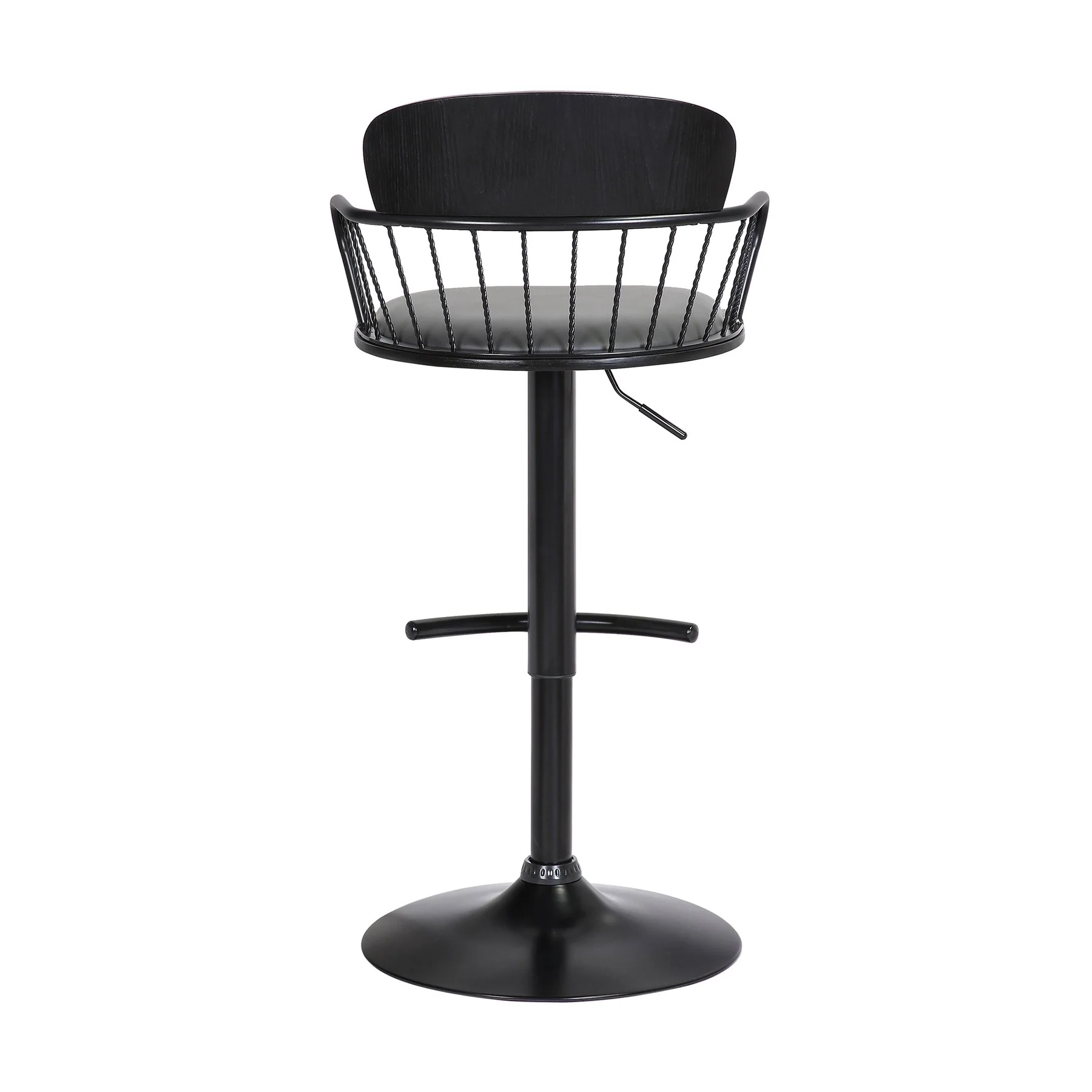 Nash Adjustable Black Wood Bar Stool in Gray Faux Leather with Black Metal - Image 5