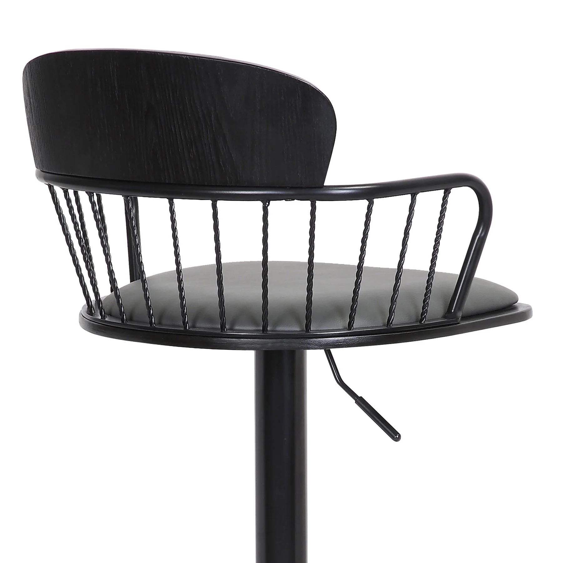 Nash Adjustable Black Wood Bar Stool in Gray Faux Leather with Black Metal - Image 7