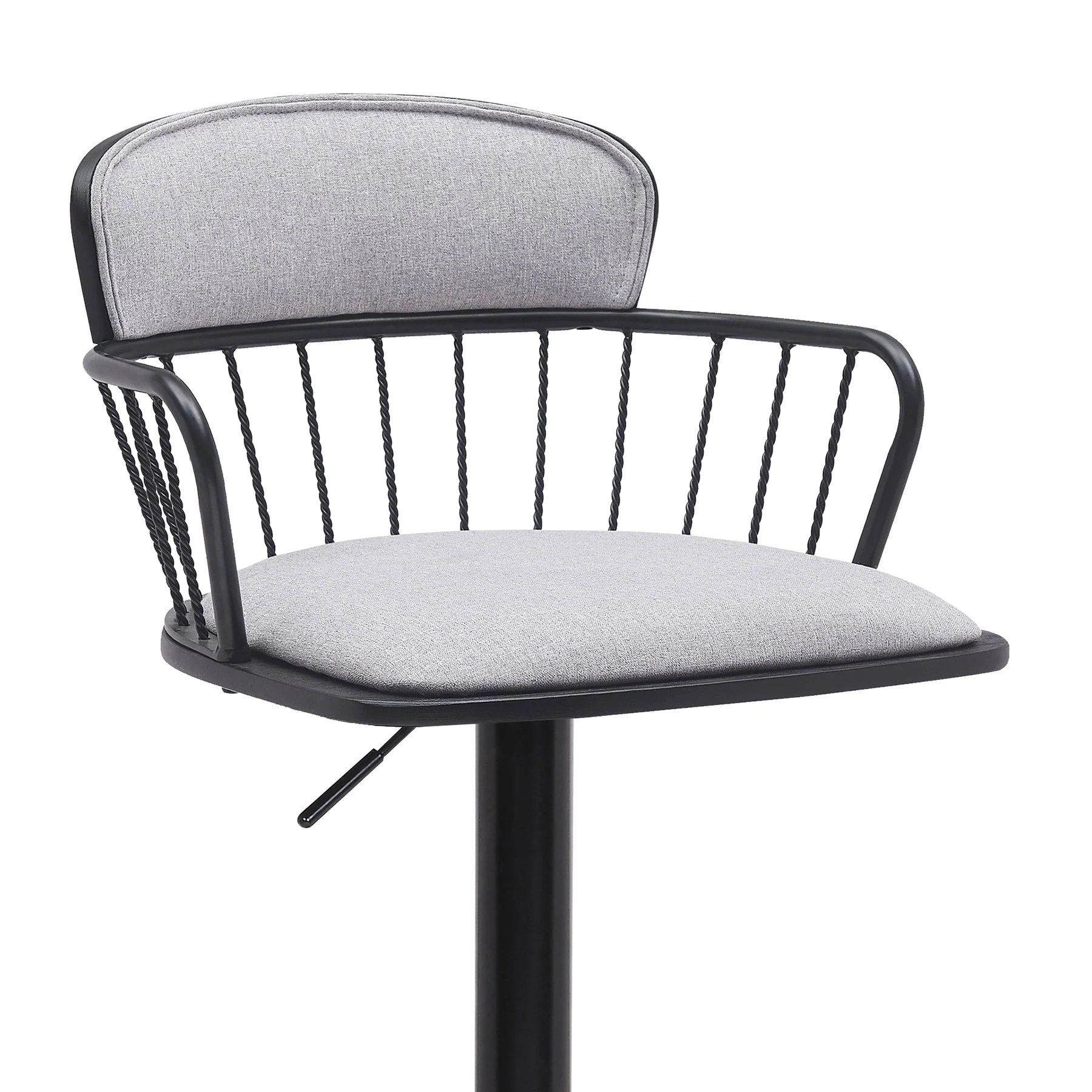 Nash Adjustable Black Wood Bar Stool in Light Gray Fabric with Black Metal - Image 4