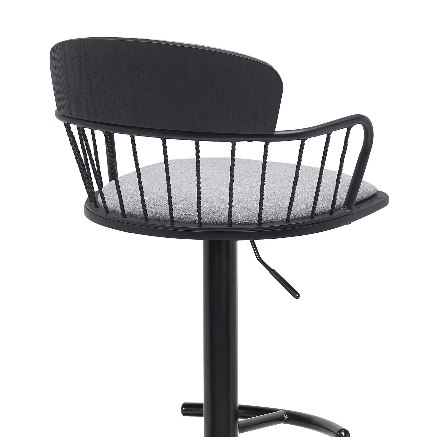 Nash Adjustable Black Wood Bar Stool in Light Gray Fabric with Black Metal - Image 5