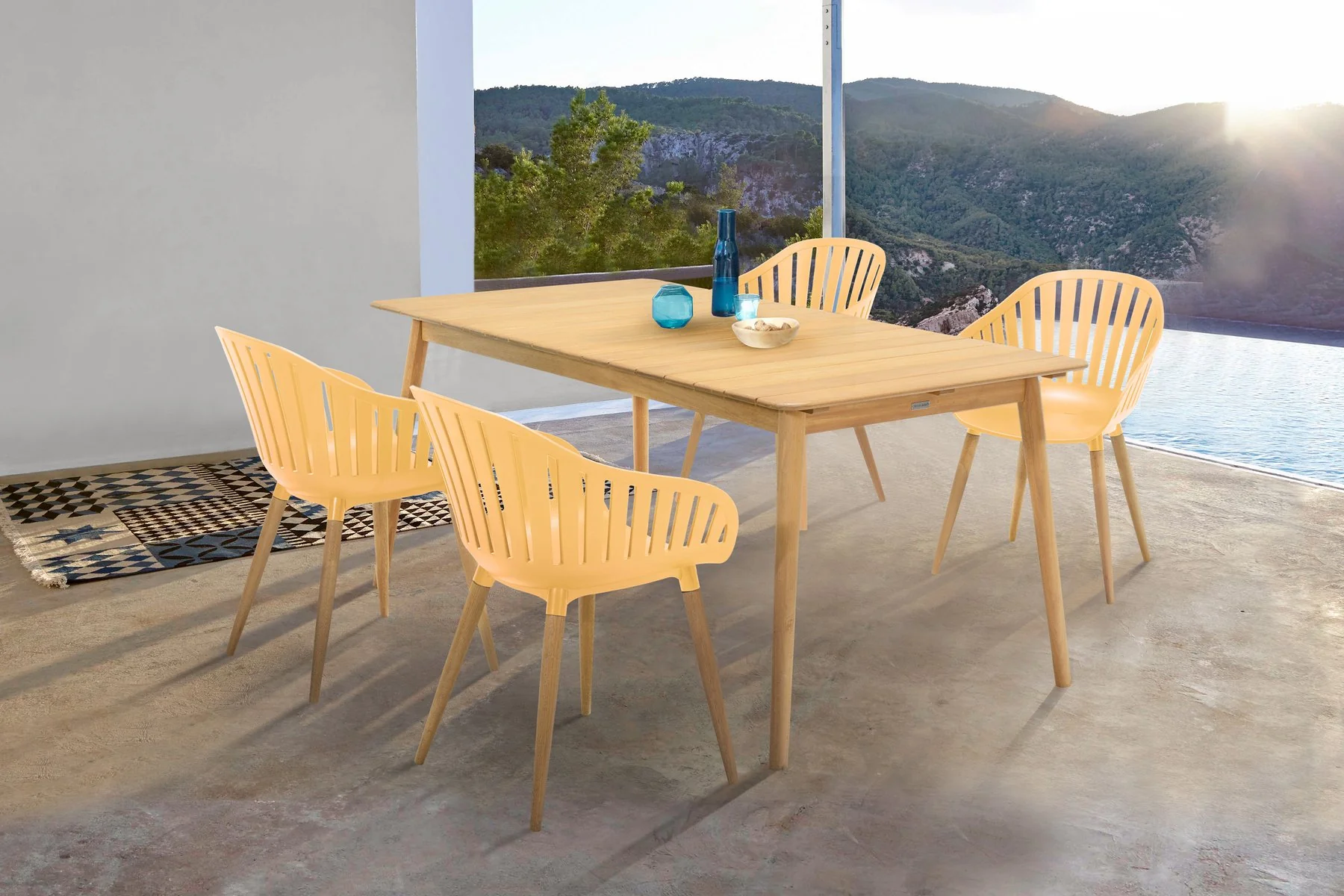Nassau 5 piece Outdoor Dining Set in Natural Wood Finish Table and Honey Yellow Arm Chairs - Image 8