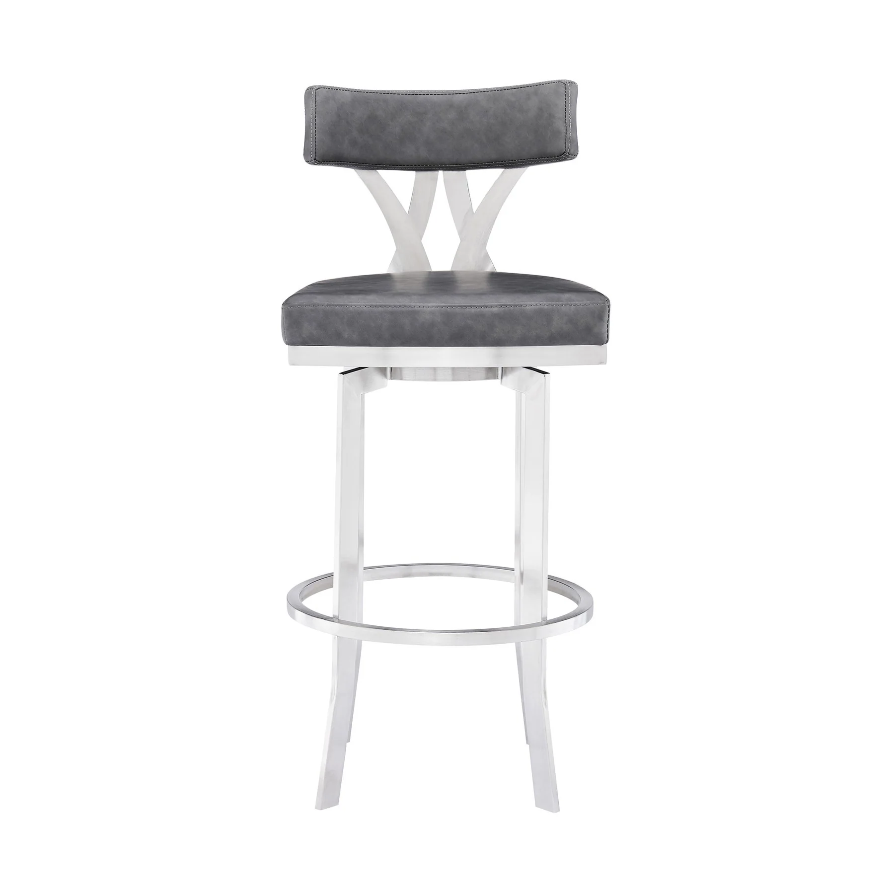 Natalie 26" Counter Height Vintage Gray Faux Leather Upholstery and Brushed Stainless Steel Bar Stool - Image 2